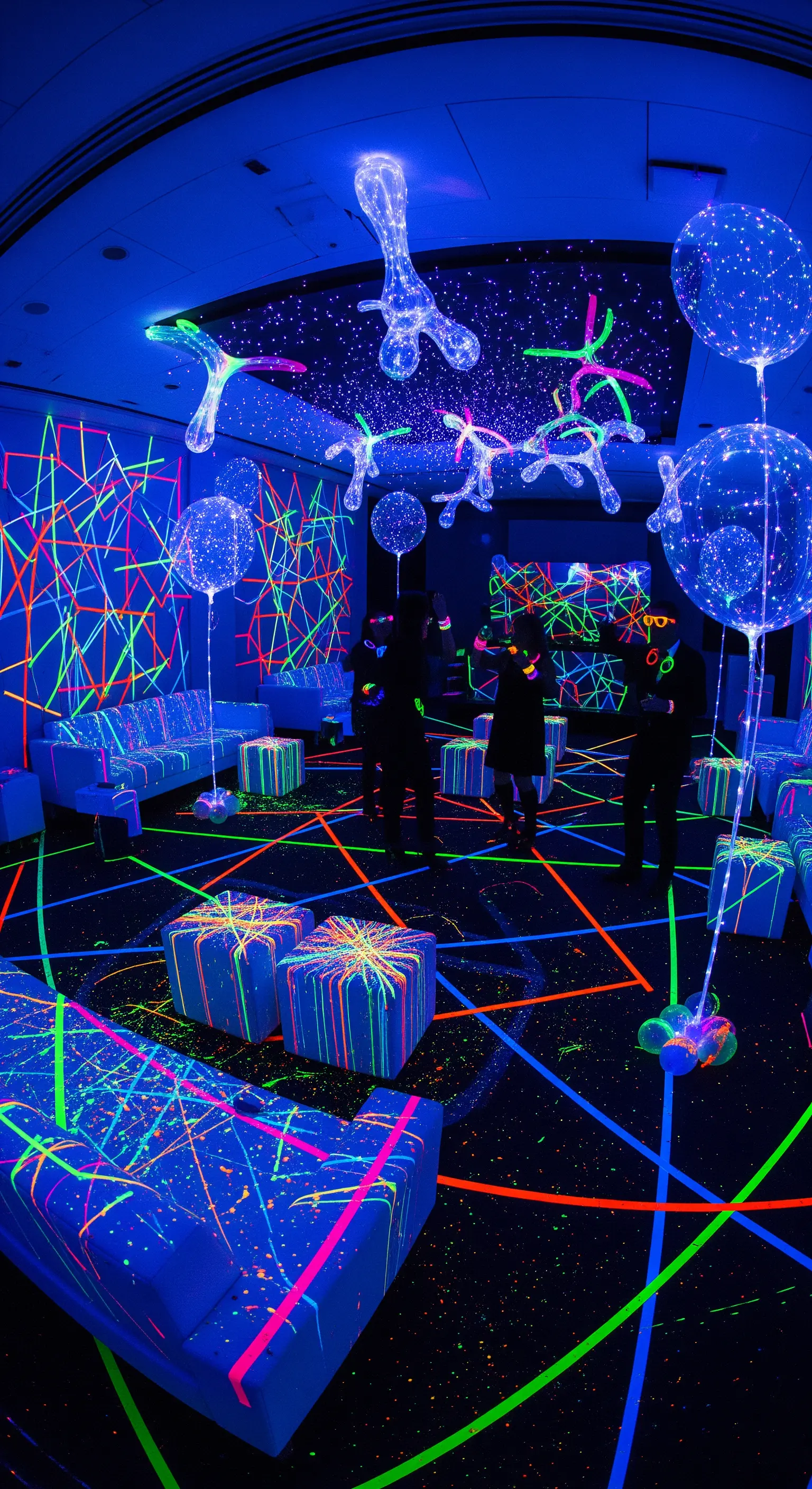 Schwarzlicht-Partyraum mit leuchtenden Neonbändern und schwebender Deko.