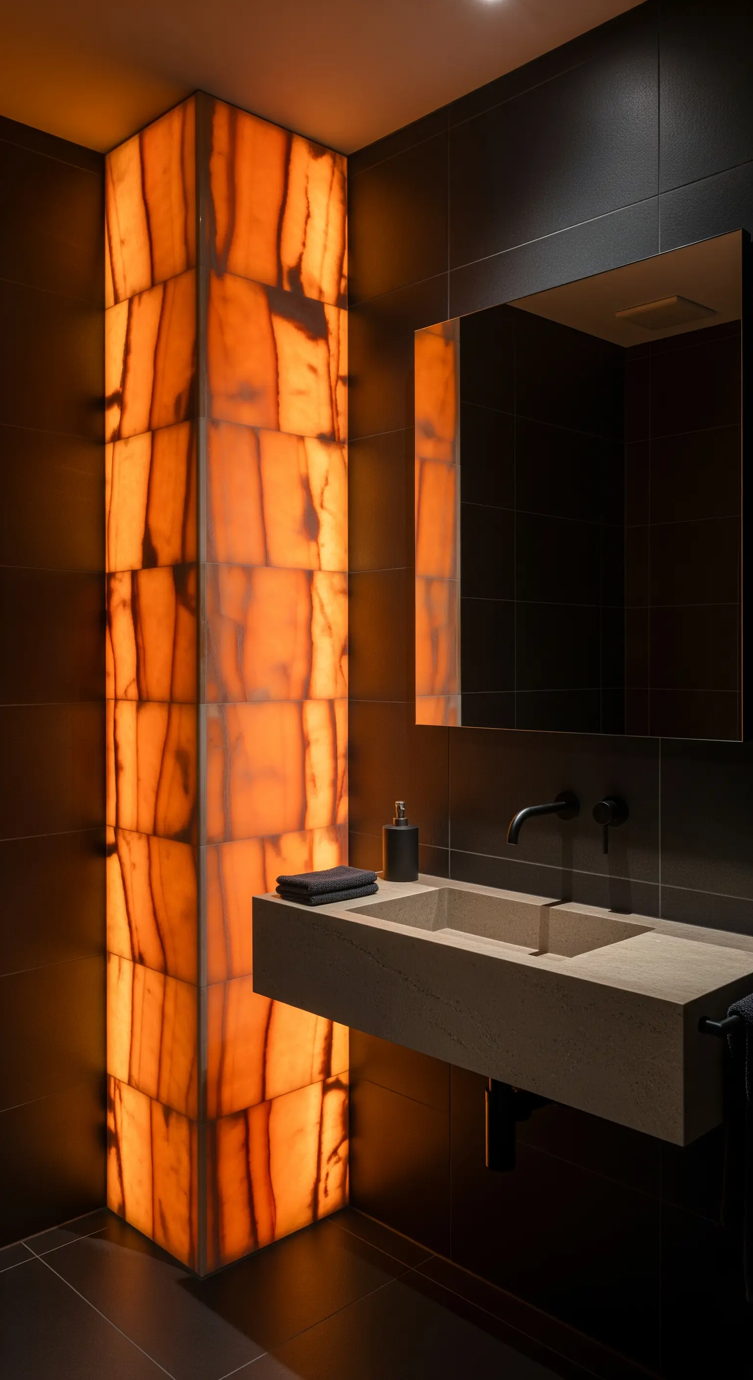 Beleuchtete Onyx-Säule, Betonwaschtisch, dunkles Badezimmer