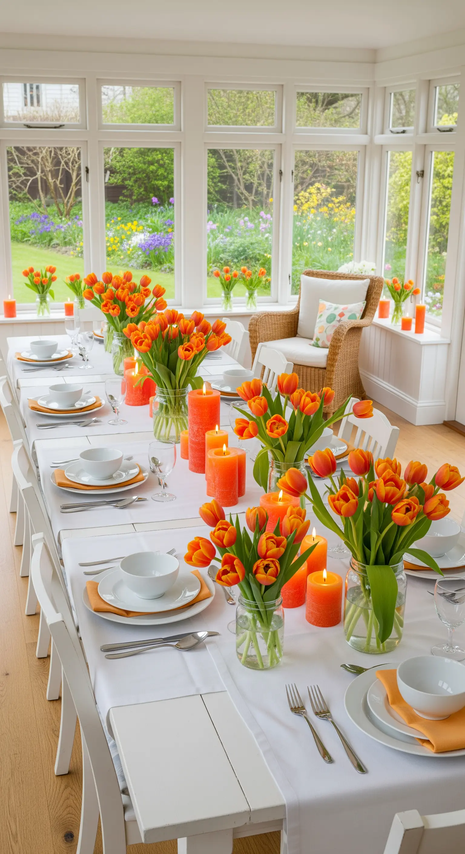 Sonnige Osterdeko: Orangefarbene Tulpen und Kerzen auf weißem Tisch