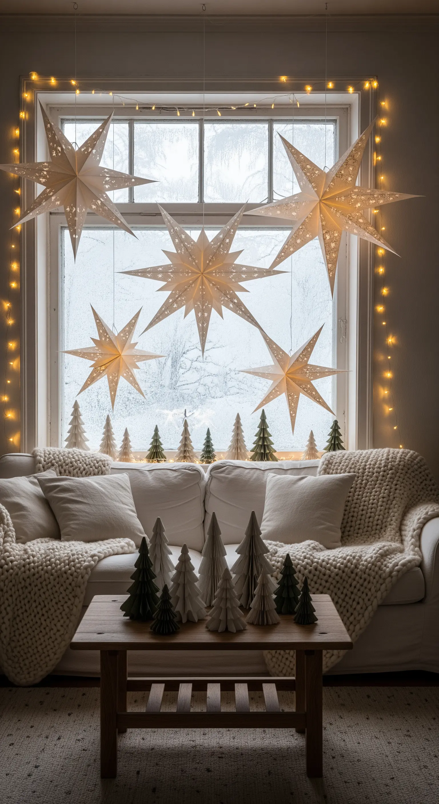 DIY Papiersterne und Lichterketten am Fenster für eine festliche Stimmung