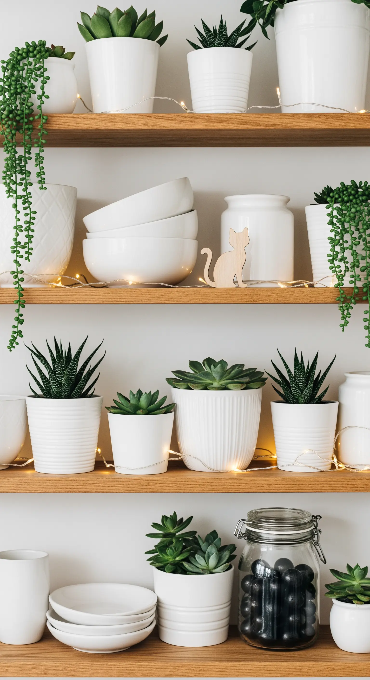 Holzregale mit Sukkulenten in weißen Töpfen und Lichterketten.