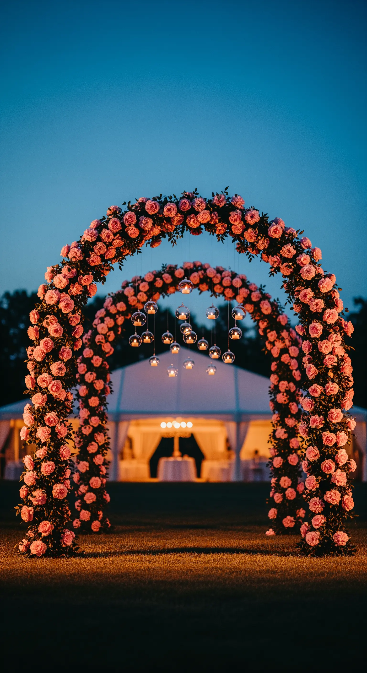 Zwei beleuchtete Rosenbögen in Pastellrosa mit schwebenden Glaskugeln und Lichtern bei Dämmerung.