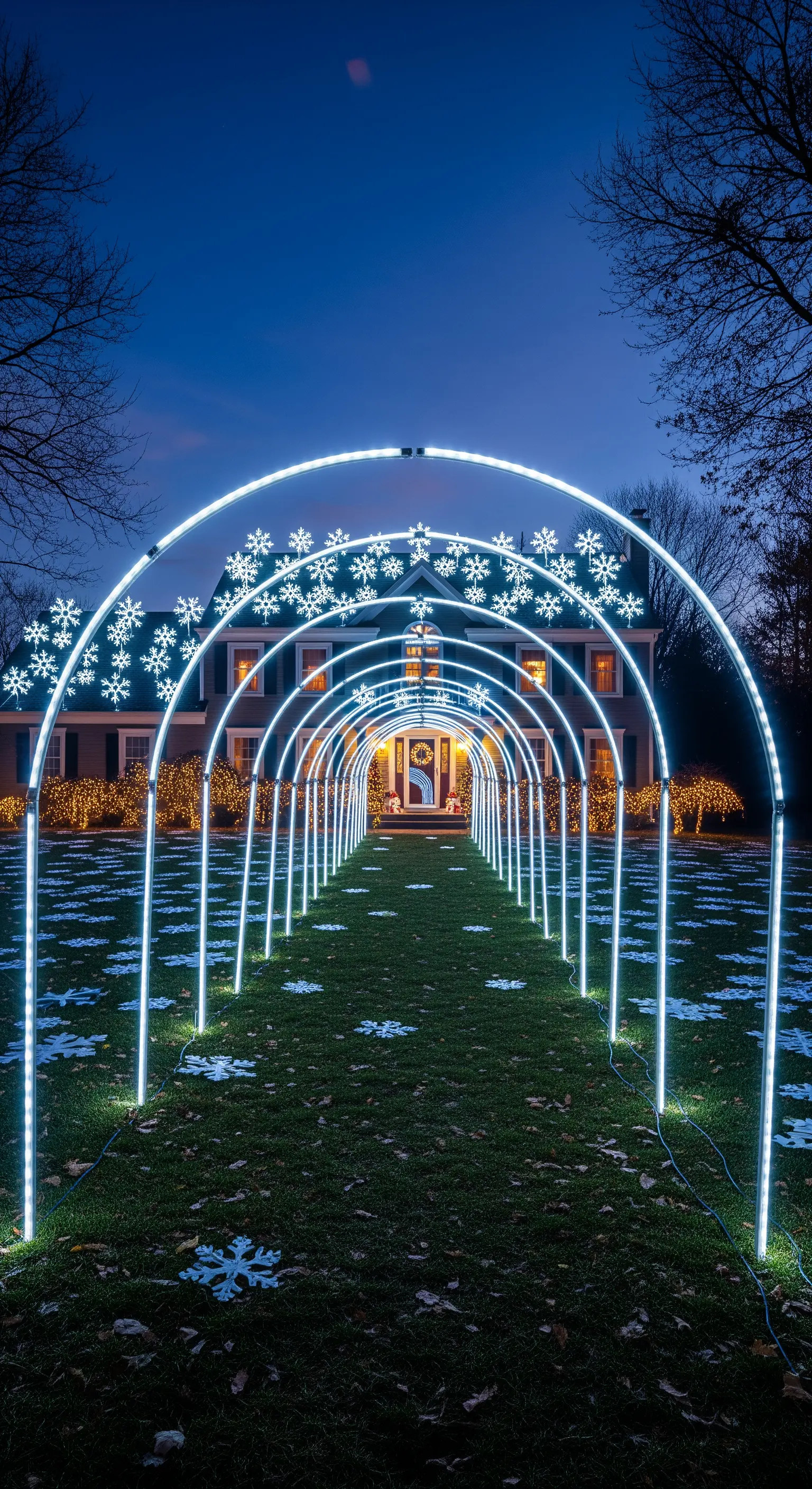 Schneebedeckter Pfad mit leuchtenden Bögen und Schneeflockenmotiven, die zu einem Haus führen.