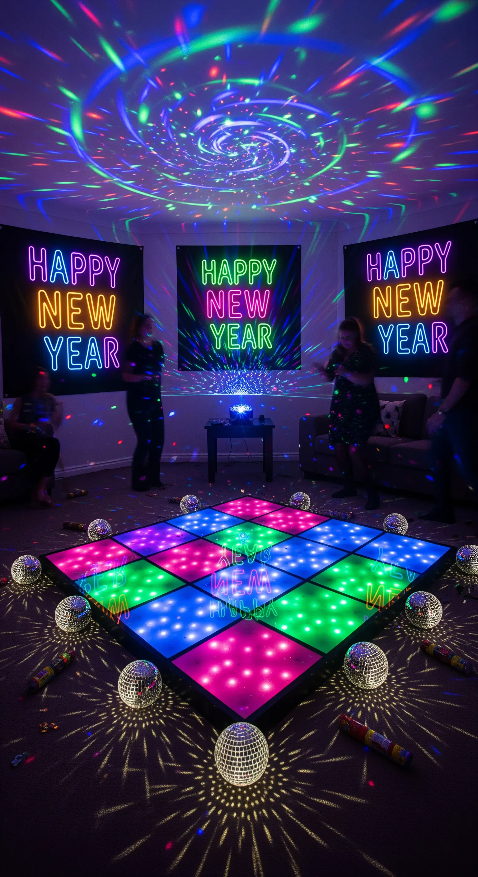LED-Tanzfläche mit 'Happy New Year' Neon-Schildern und Discokugeln.