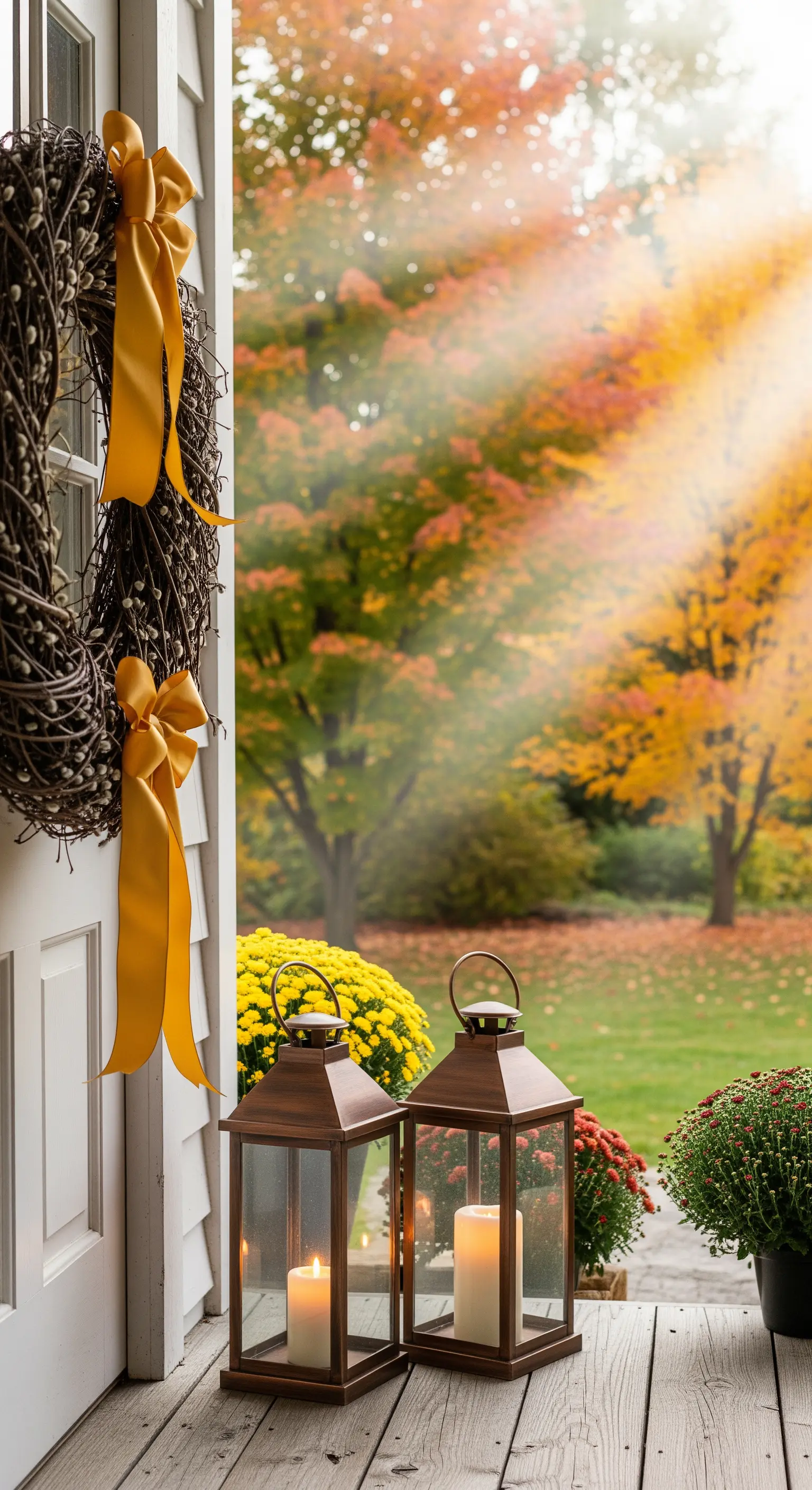 Weidenkranz mit gelben Bändern, zwei bronzefarbene Laternen mit Kerzen auf Veranda