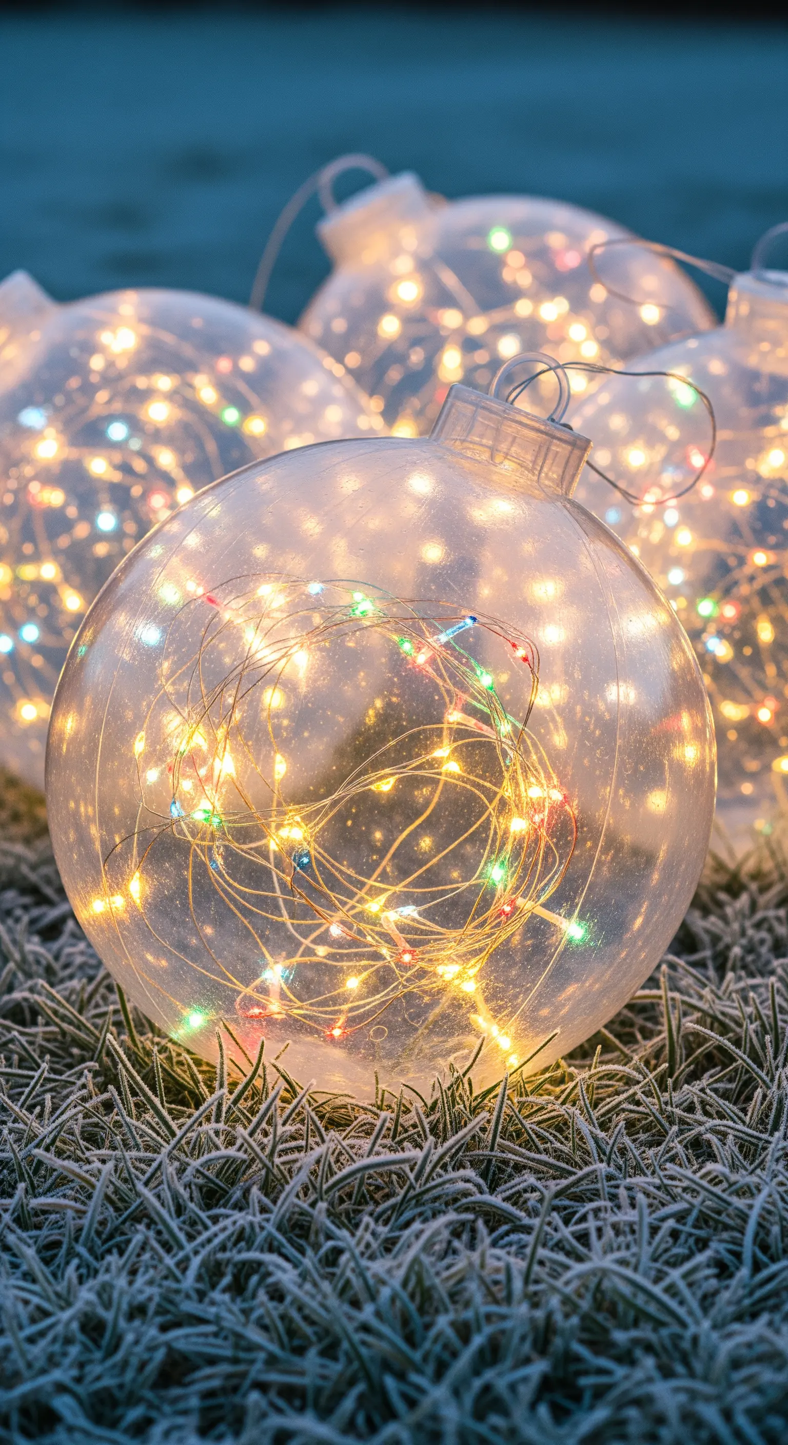Große, transparente Kugeln mit bunten LED-Lichterketten auf gefrorenem Gras.