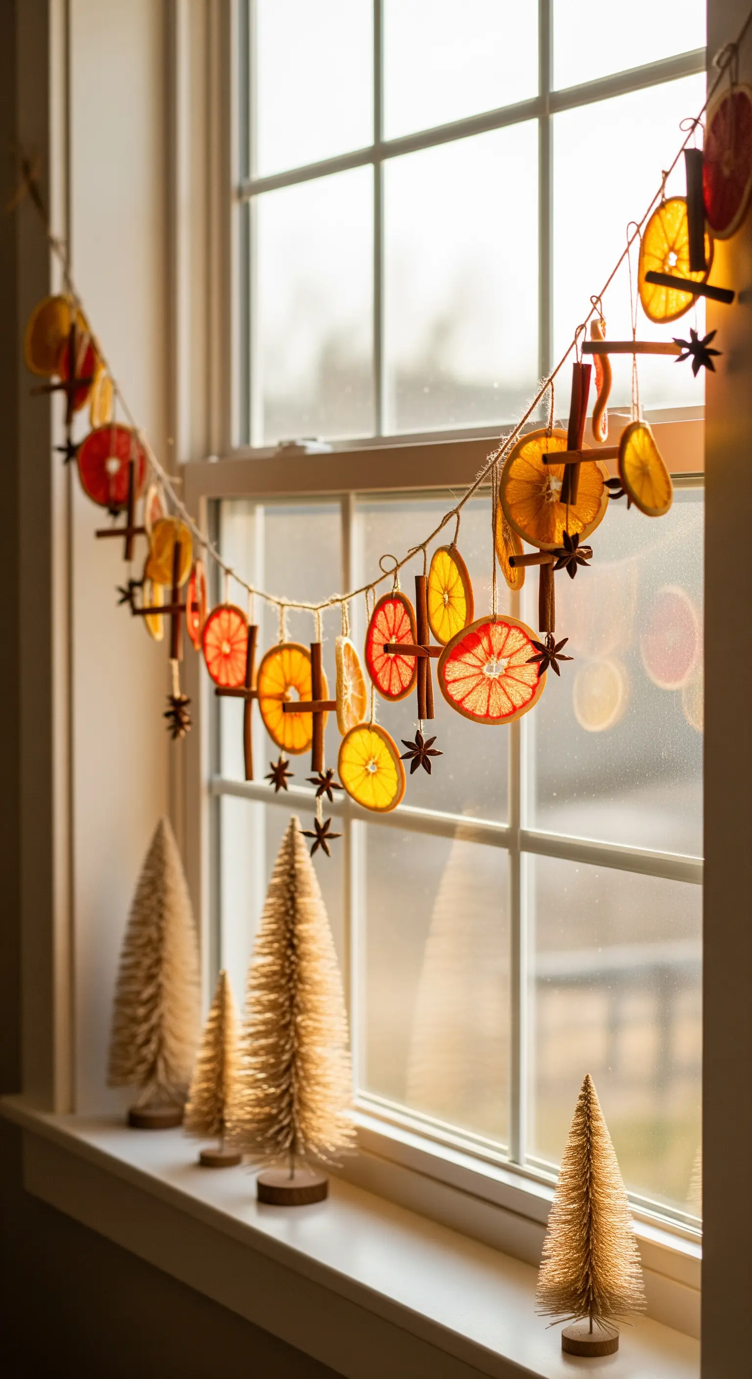 DIY-Girlande aus getrockneten Zitrusscheiben und Zimtstangen am Fenster