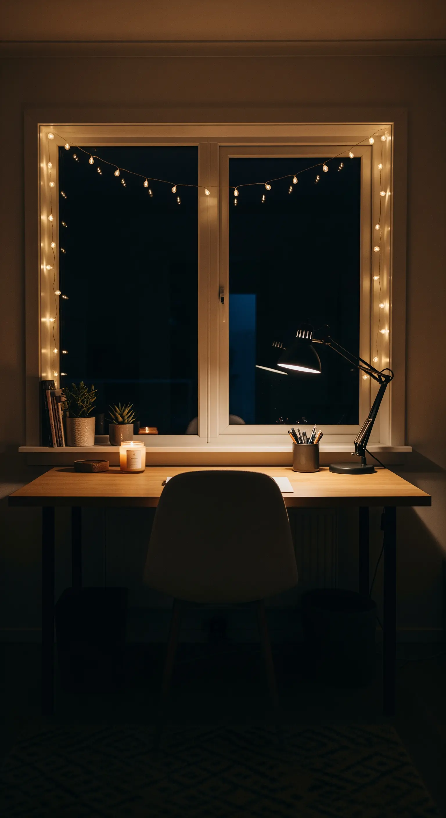 Schreibtisch vor einem Fenster, das nachts von einer Lichterkette eingerahmt und beleuchtet wird.