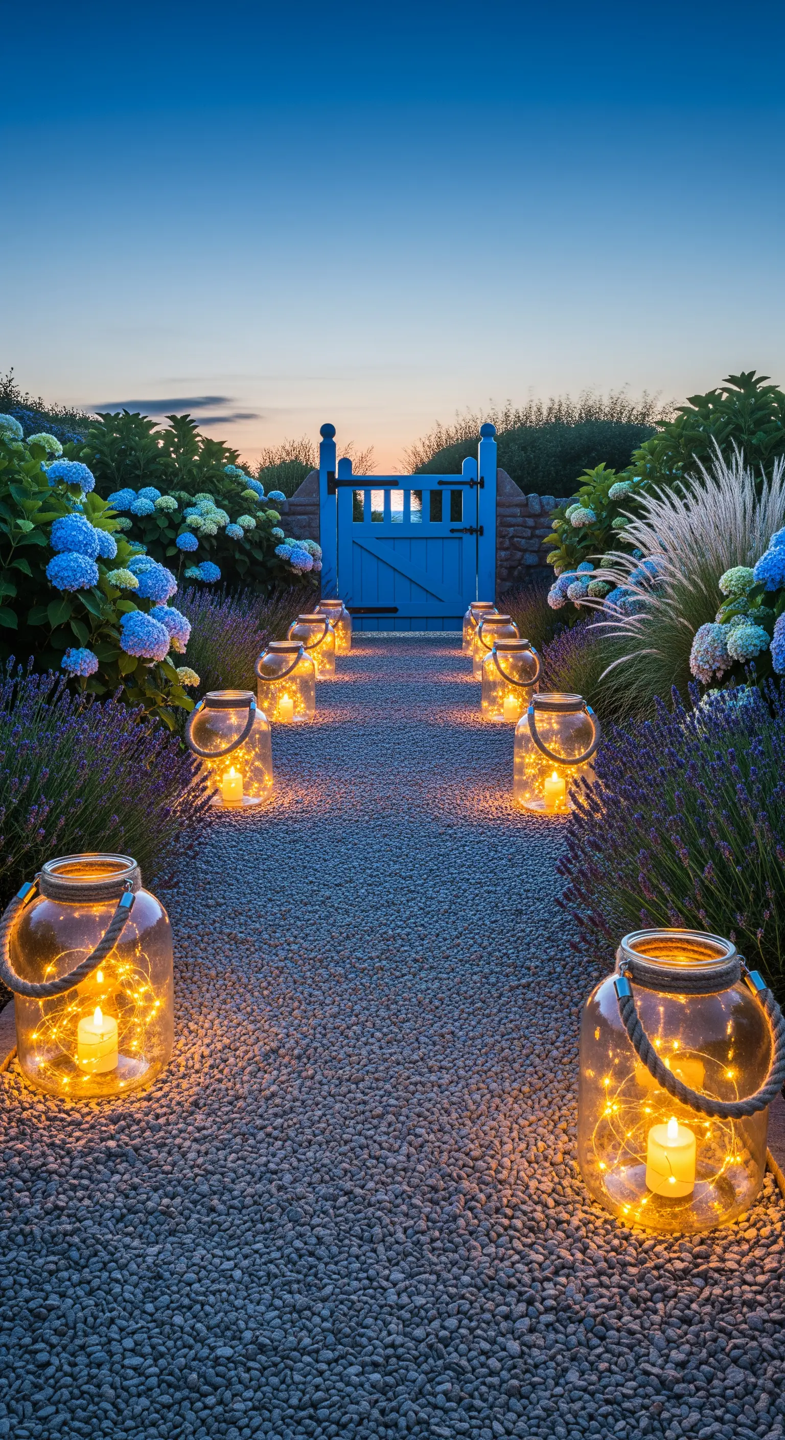 Gartenweg mit blumenumrandeten großen Einmachglas-Laternen bei Dämmerung