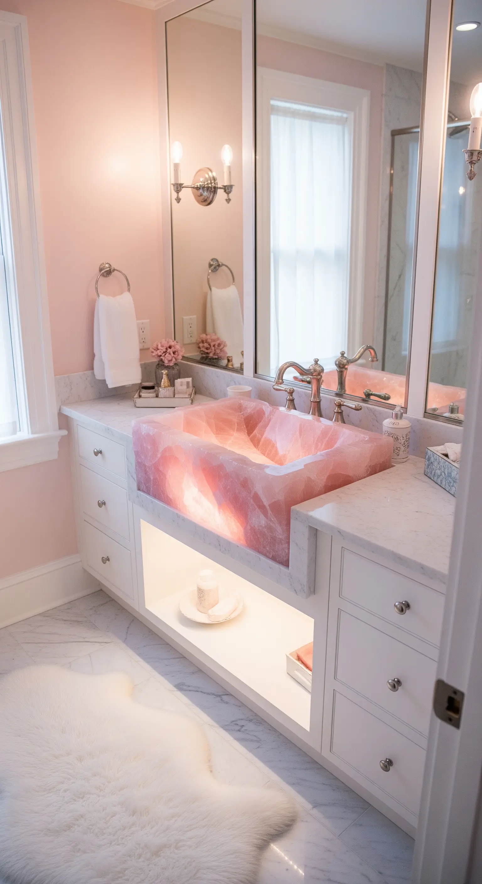 Von innen beleuchtetes Waschbecken aus massivem Rosenquarz in einem rosa Bad.