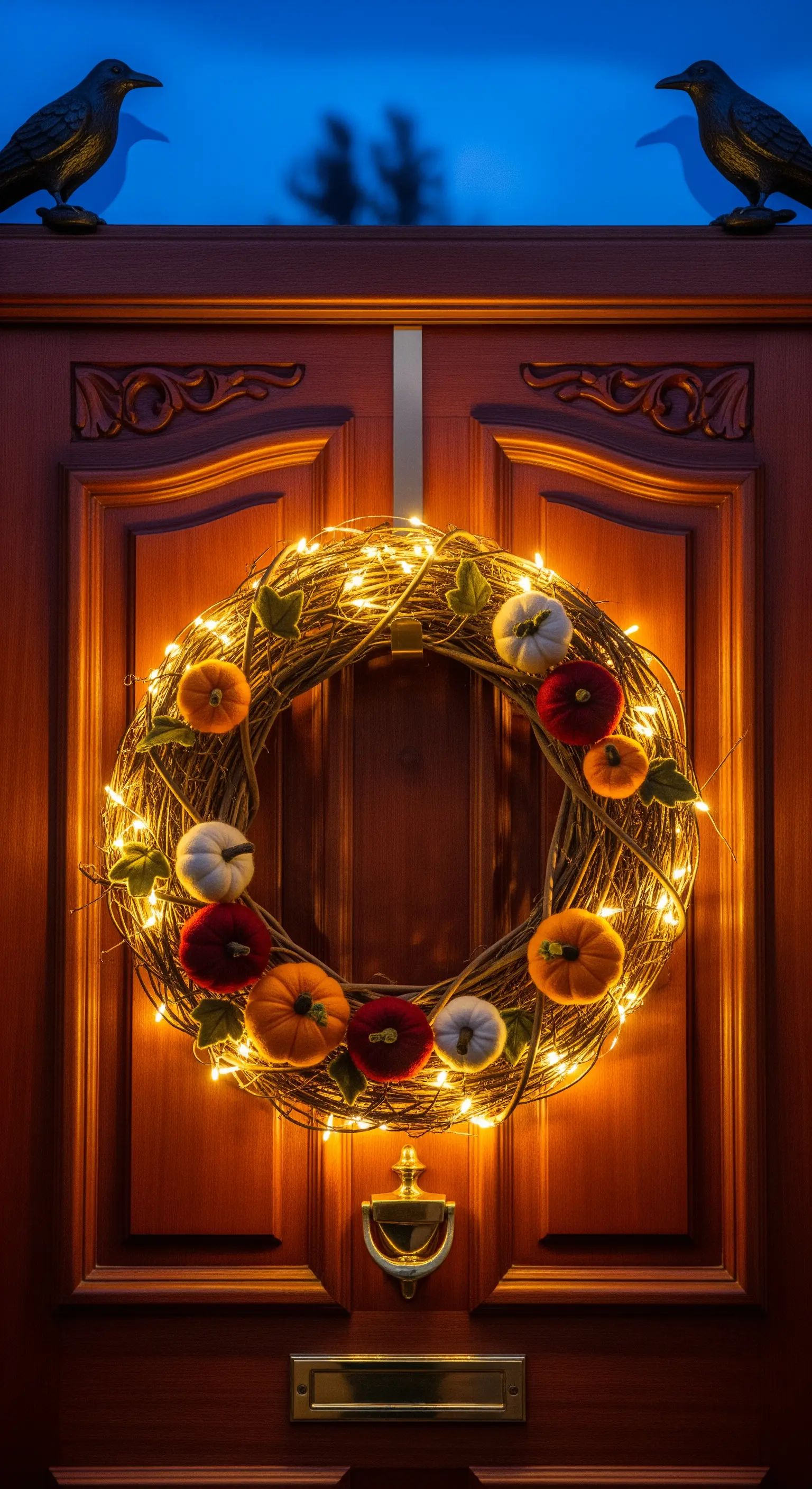 Holztür mit beleuchtetem Kranz, Samtkürbissen und Rabenfiguren im Dunkeln