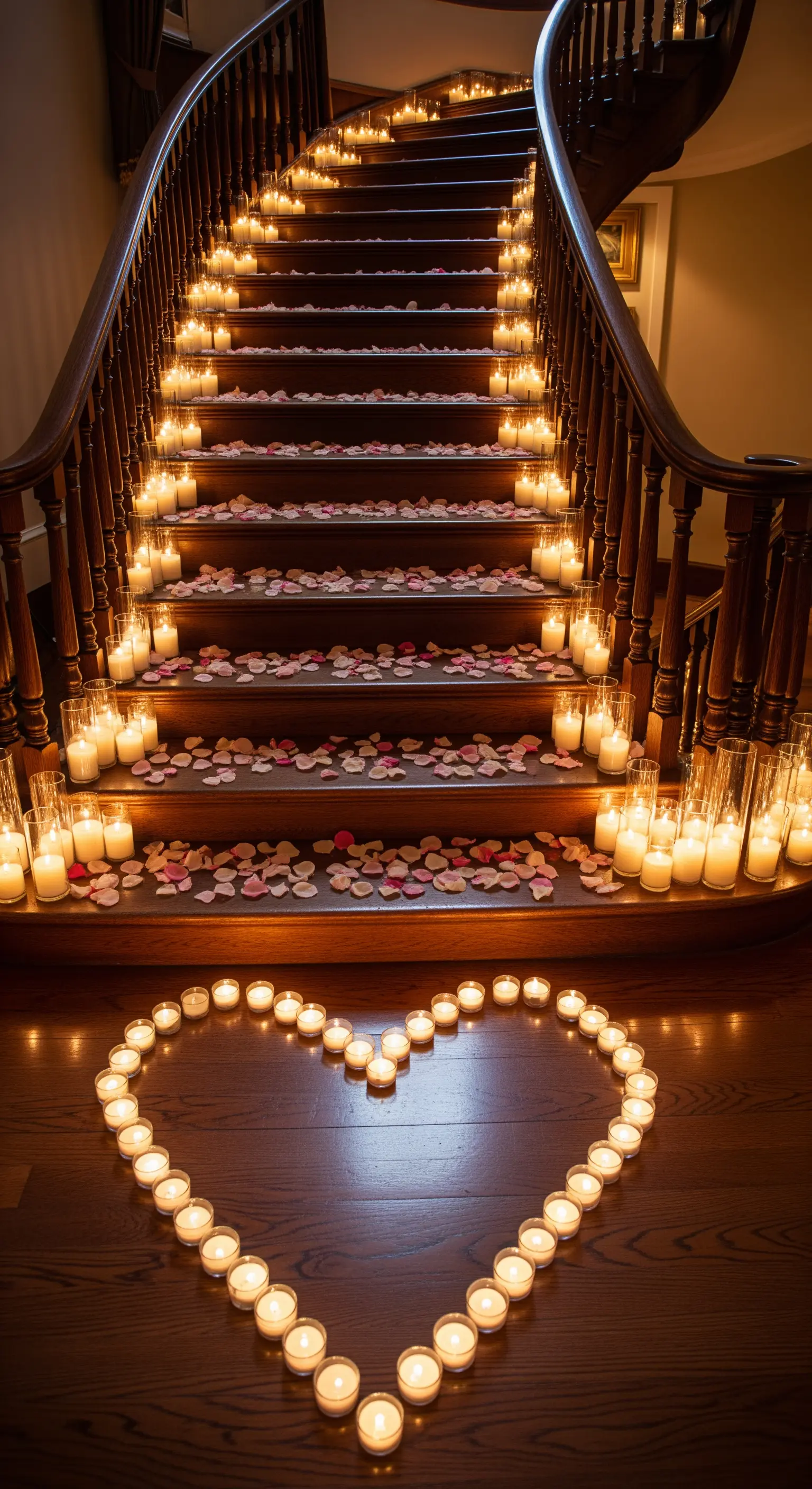 Treppe mit Kerzenpfad, Rosenblättern und Herz aus Teelichtern
