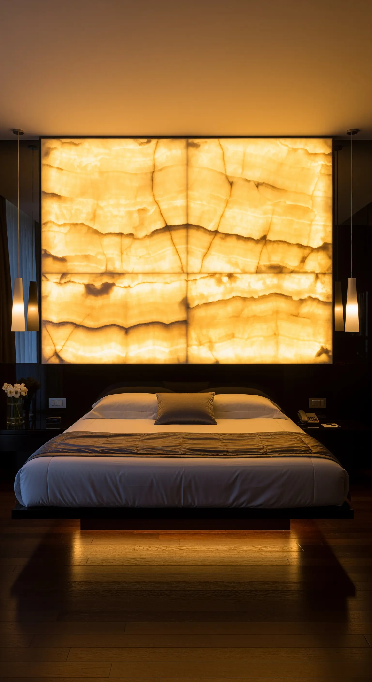 Hinterleuchtete Wand aus Onyx-Marmor als spektakuläres, leuchtendes Kopfteil im Luxus-Schlafzimmer.