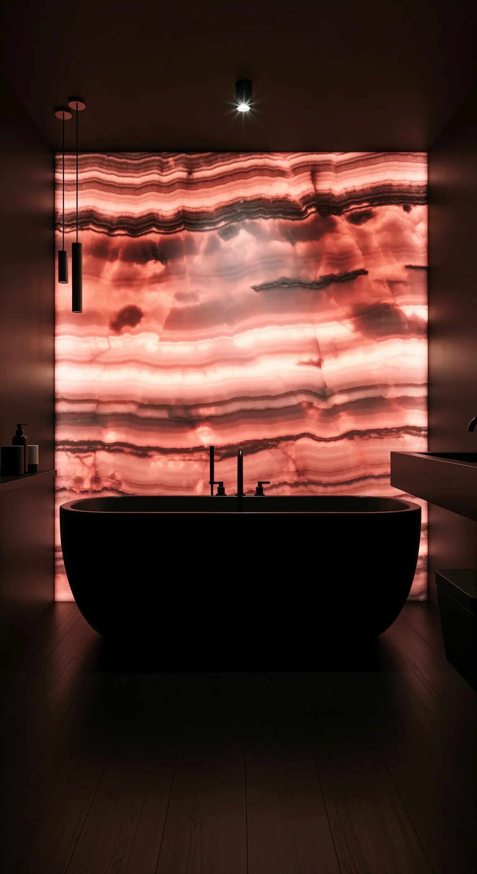 Luxuriöses Badezimmer mit einer hinterleuchteten Wand aus rosa Onyx.