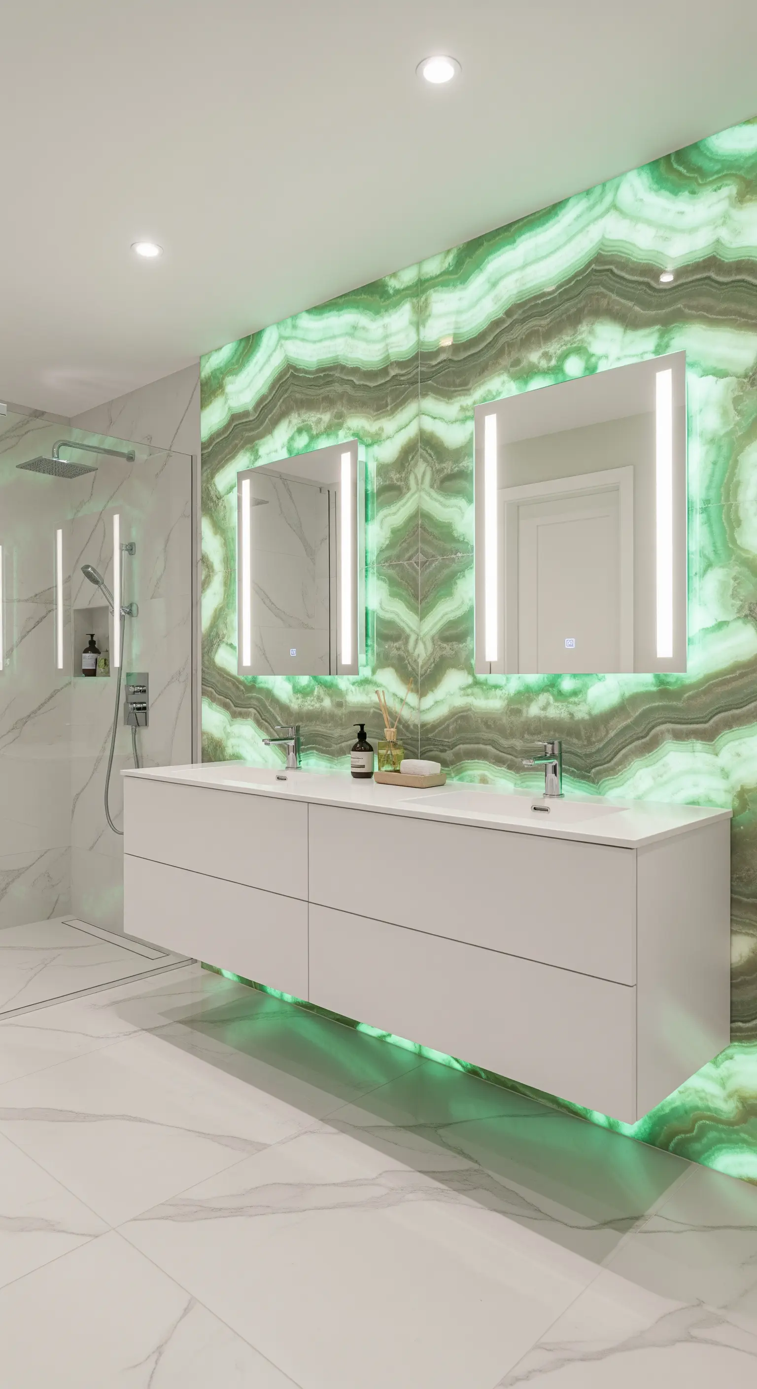 Luxusbadezimmer mit hinterleuchteter grüner Onyx-Wand hinter dem Doppelwaschtisch.