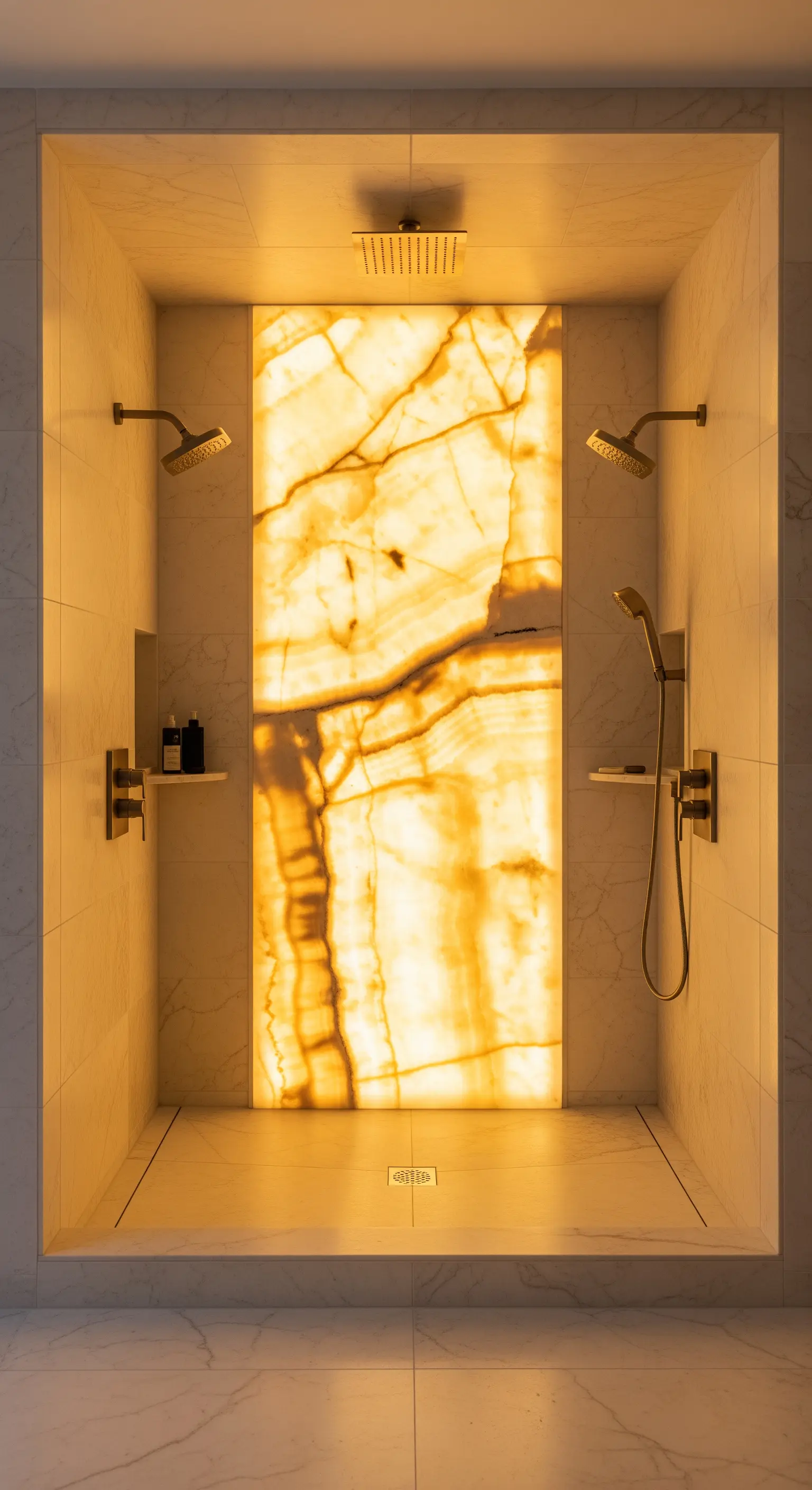 Doppeldusche mit einer zentralen, hinterleuchteten Wand aus Onyx-Marmor