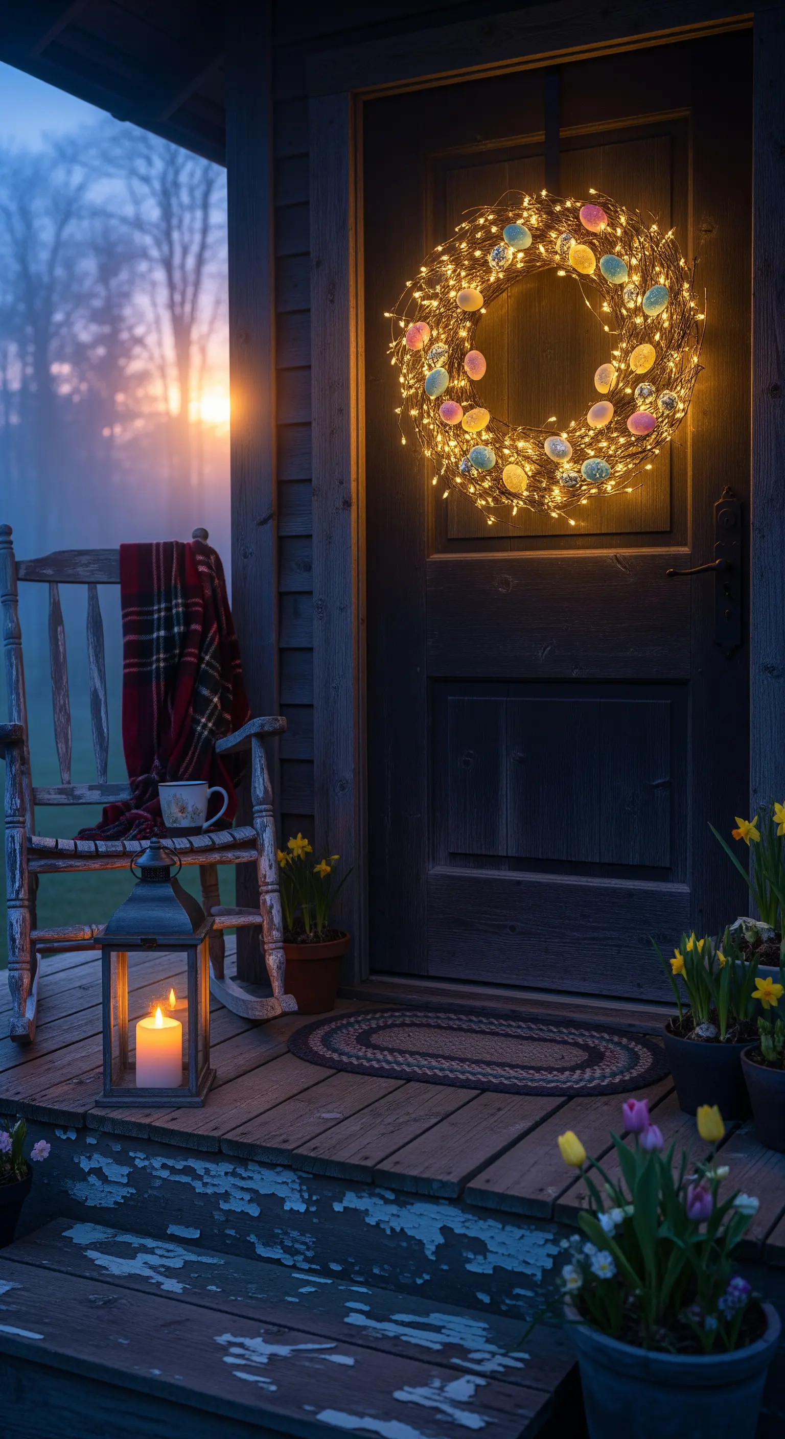 Beleuchteter Osterkranz an rustikaler Veranda-Tür