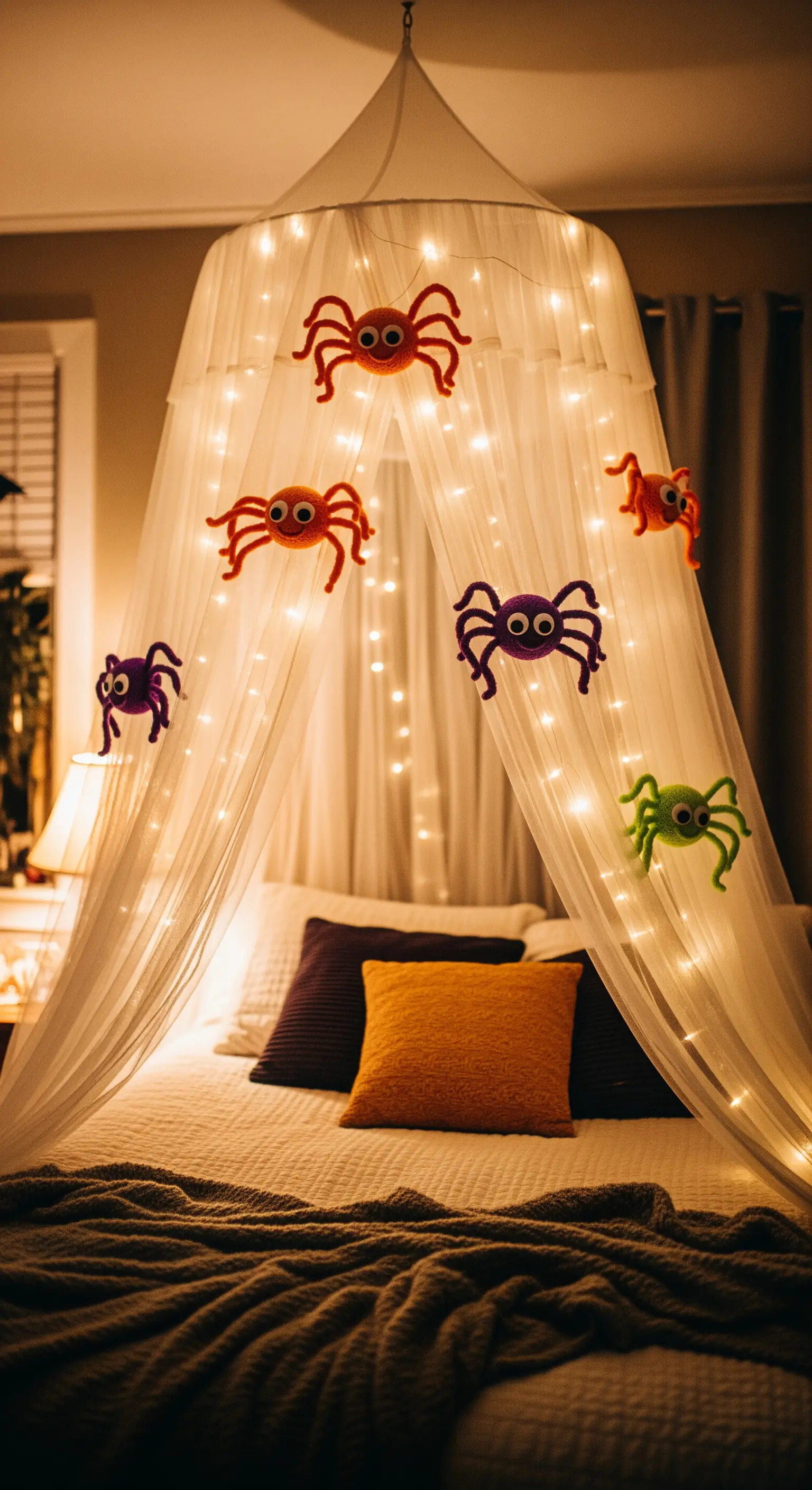 Ein weißer Betthimmel, beleuchtet von einer Lichterkette, mit bunten, gehäkelten Spinnen dekoriert.