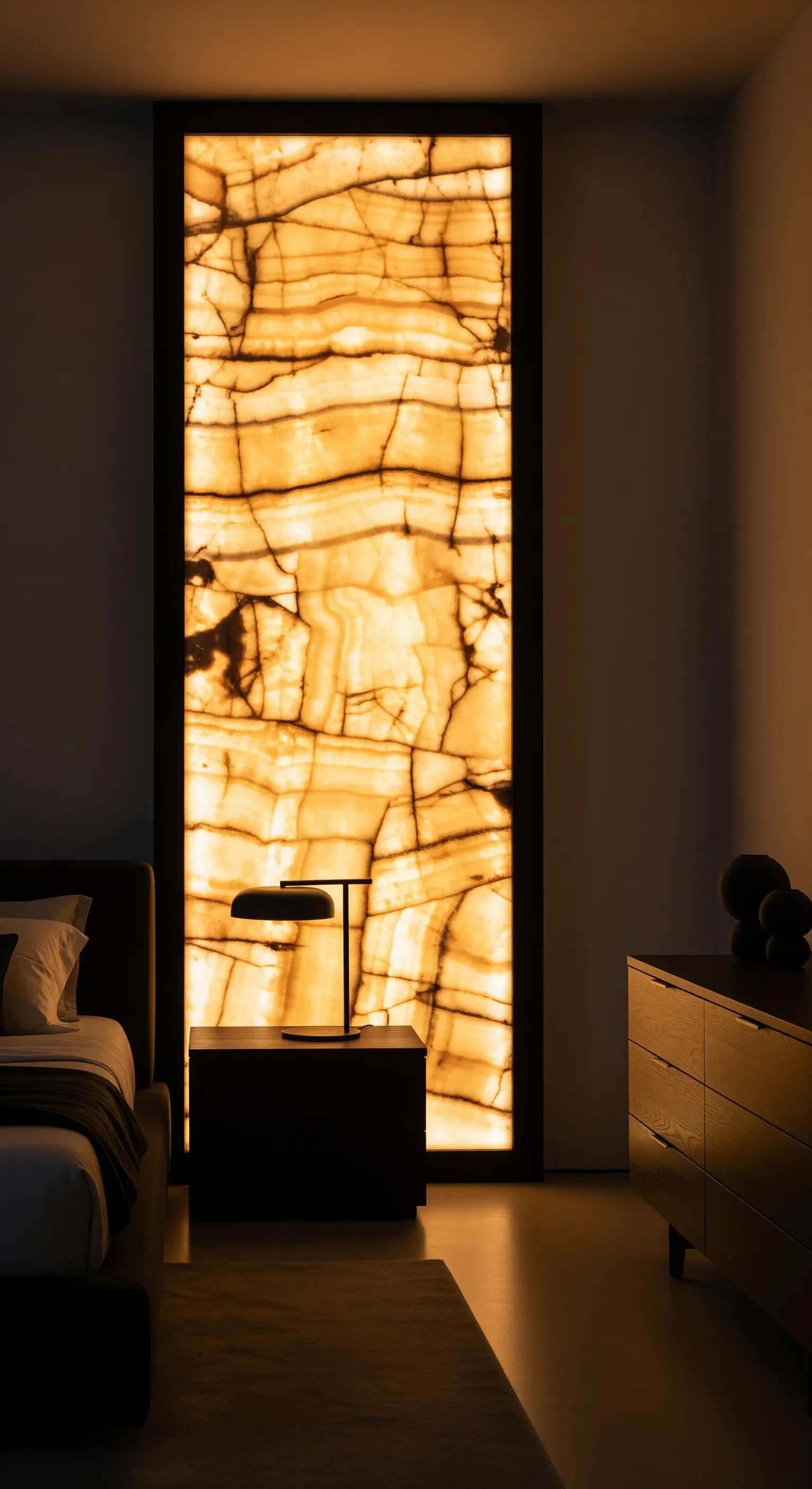 Große, hinterleuchtete Onyx-Wand als leuchtendes Kunstwerk im Schlafzimmer.