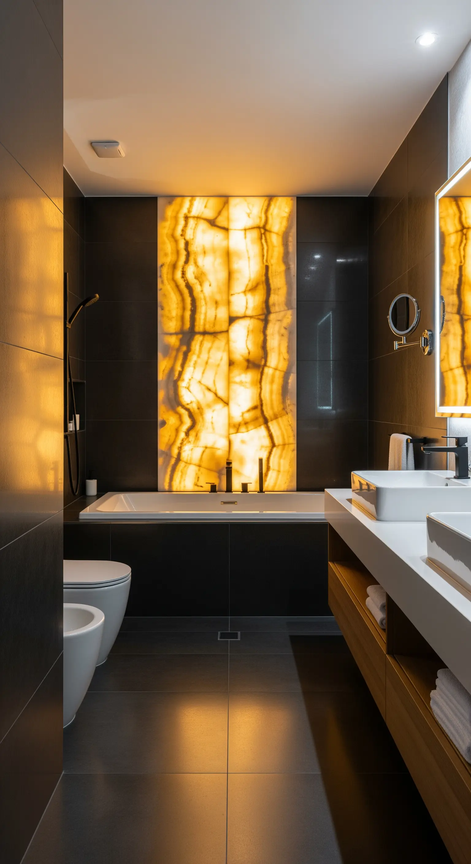 Dunkles, modernes Bad mit einer dramatisch hinterleuchteten Wand aus gelbem Onyx