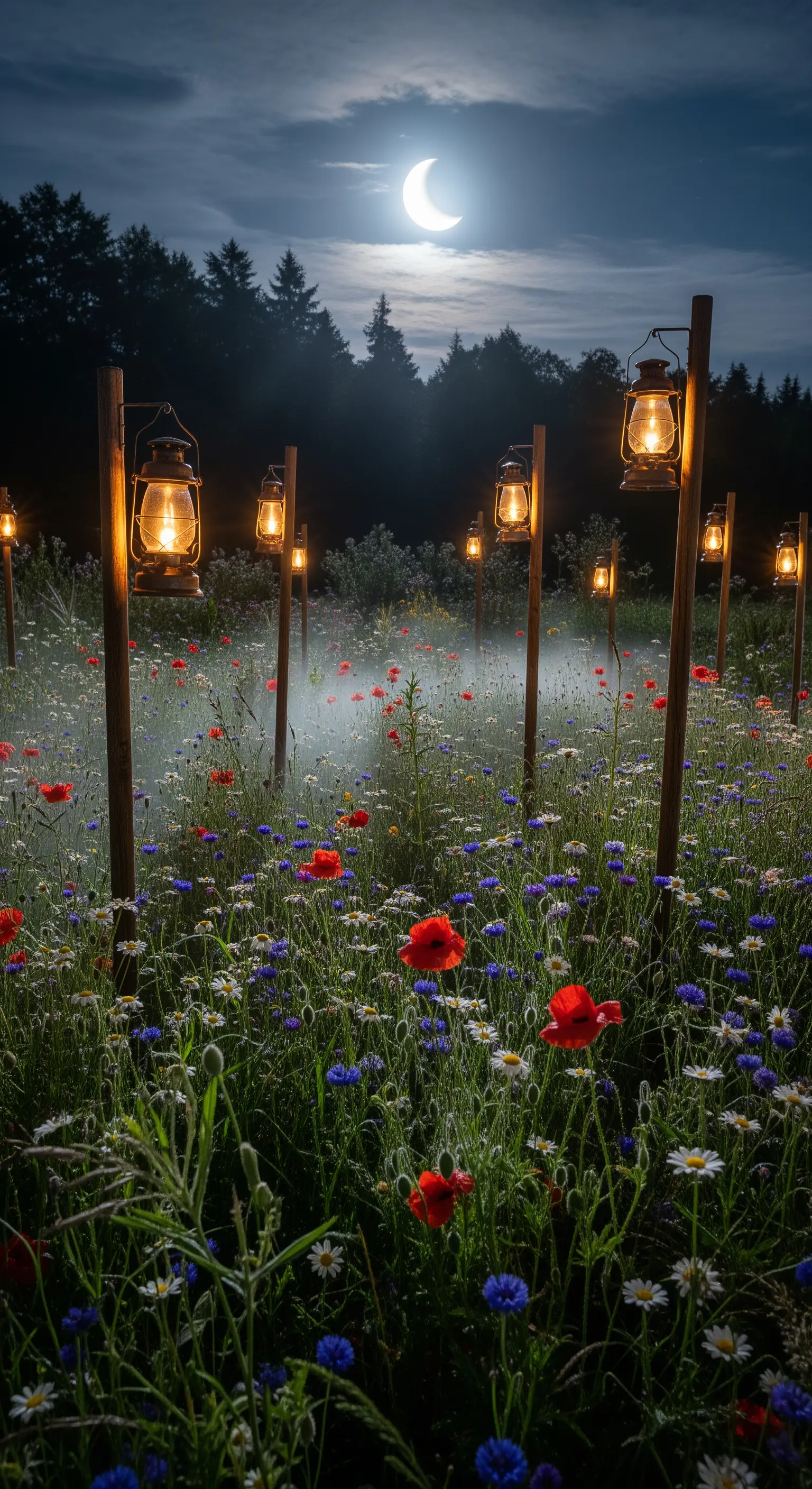 Blumenfeld mit hohen Holzpfählen und hängenden Laternen unter dem Halbmond.