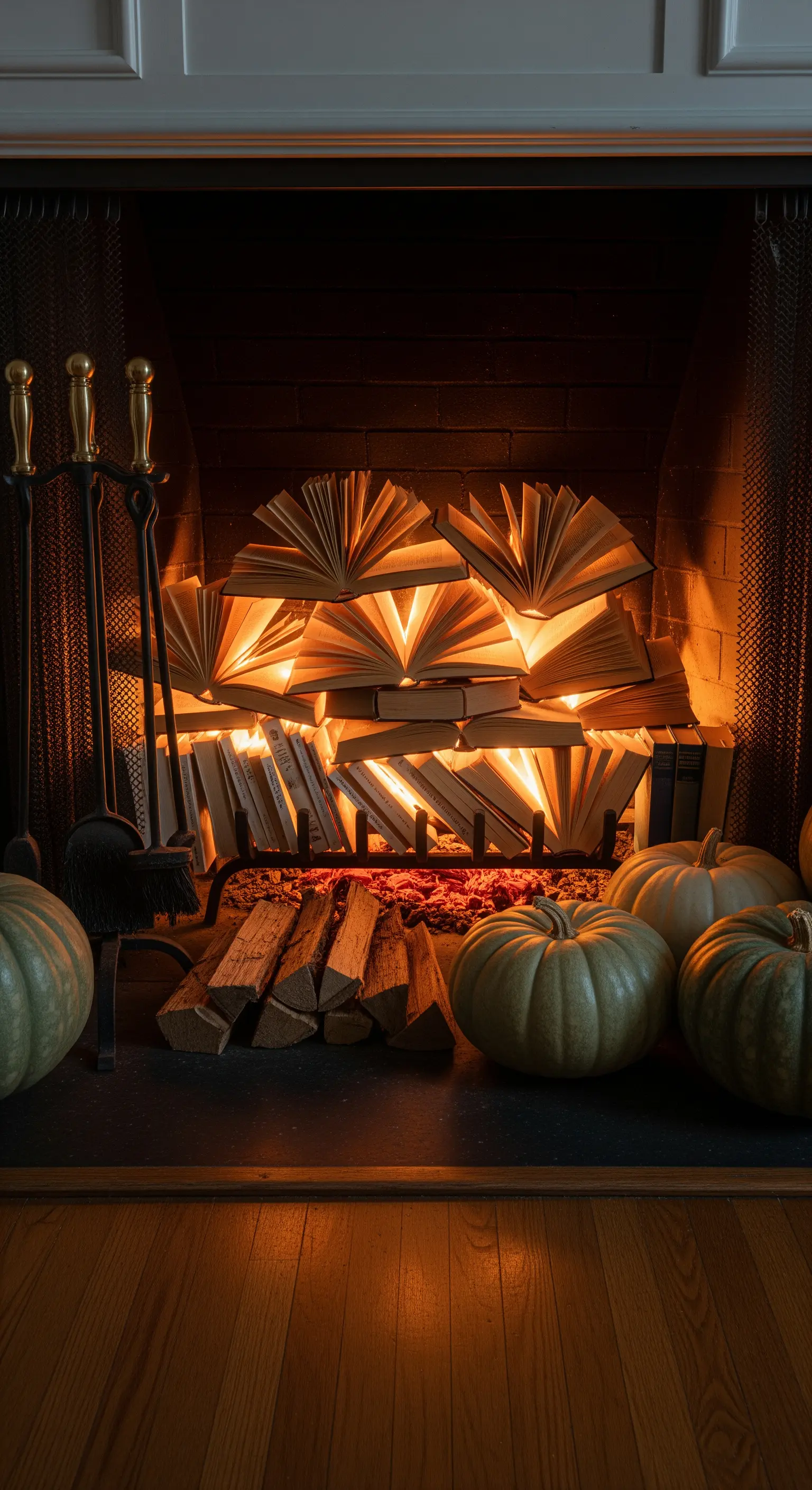 Kamin, Bücherfeuer, Lichterkette, Kürbisse, Illusionsdeko.