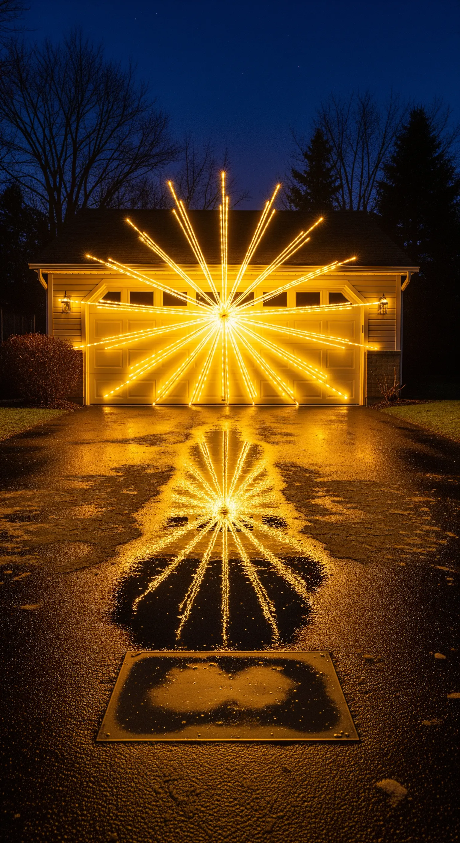 Große, leuchtende Sternenexplosion am Garagentor, spiegelt sich im nassen Boden wider.