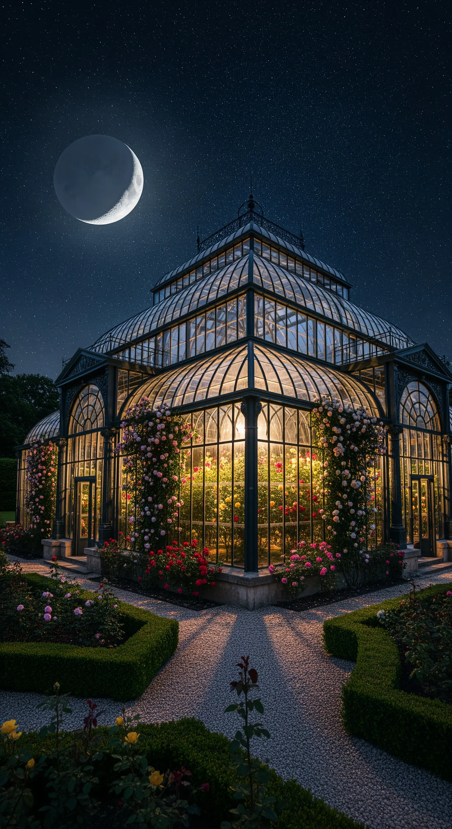 Beleuchtetes Gewächshaus voller Rosen und Hecken unter Sichelmond bei Nacht.