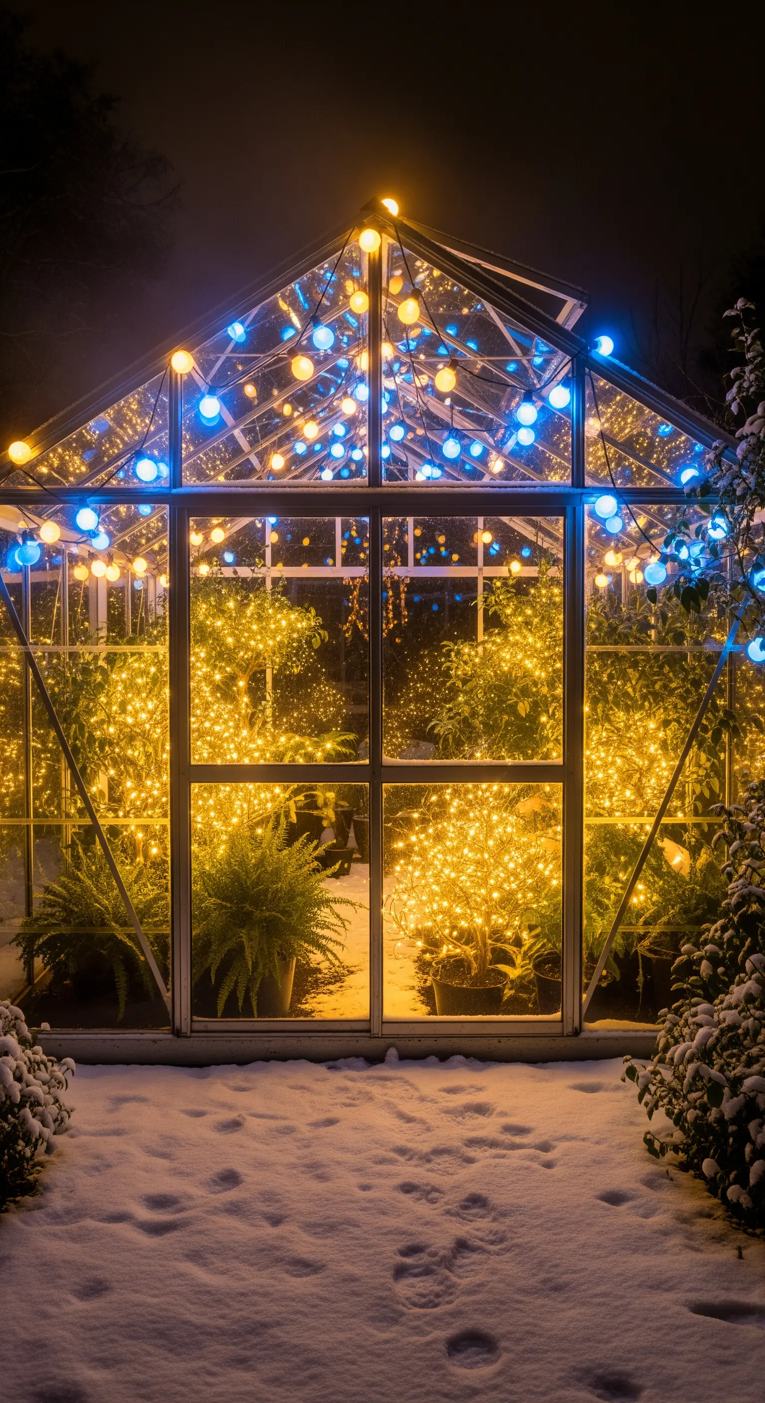Gewächshaus mit warmweißen und blauen Lichterketten innen und außen, umgeben von Schnee.