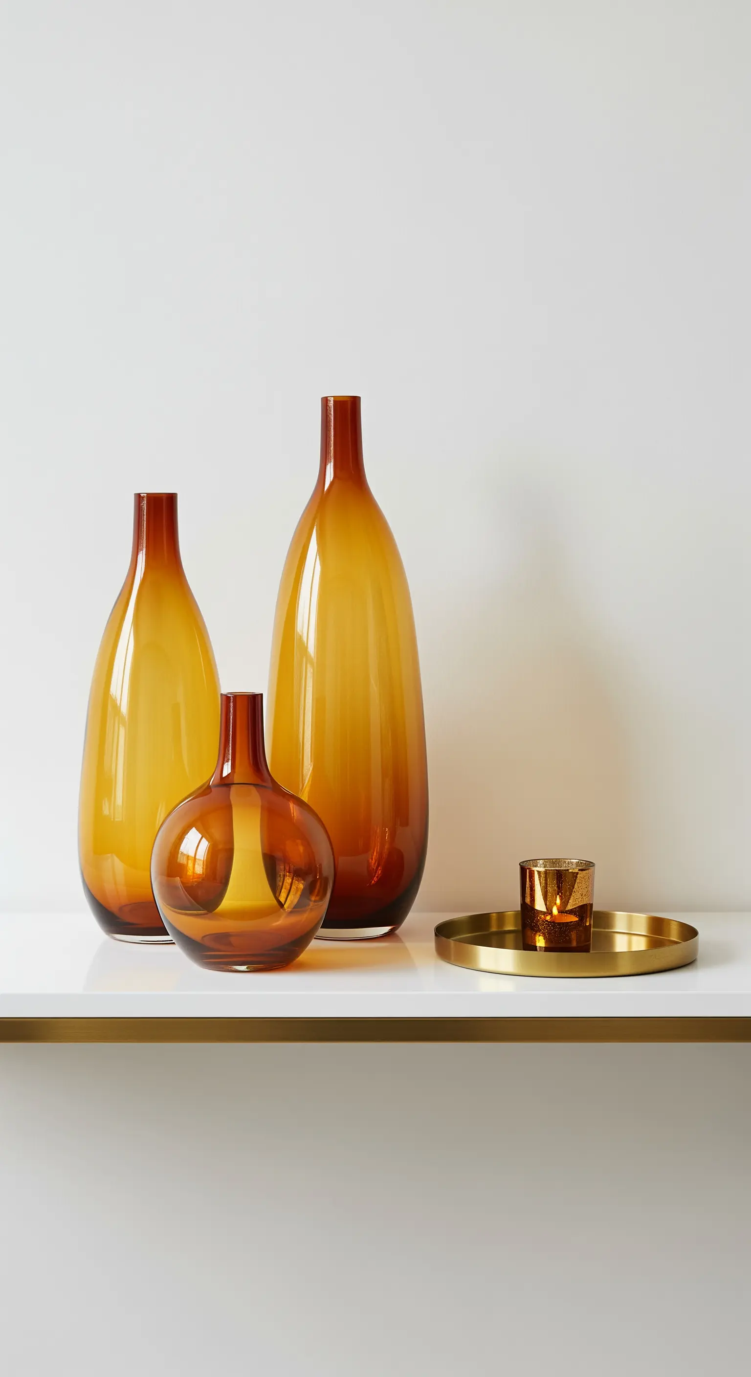 Gruppe von bernsteinfarbenen Glasvasen und einem Messingtablett auf einem weißen Regal.