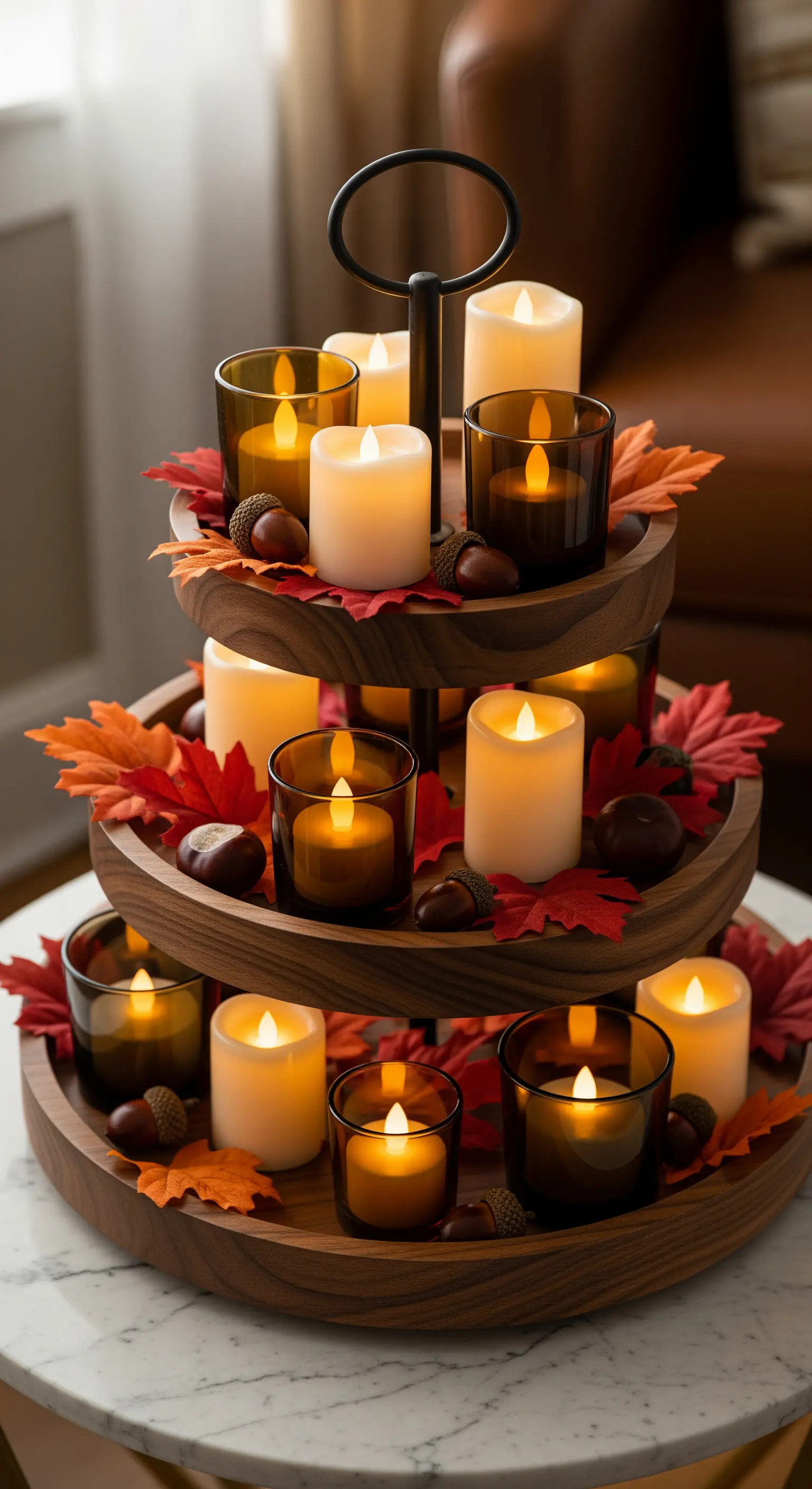 Holz-Etagere mit vielen LED-Kerzen in braunen Gläsern und Herbstlaub.