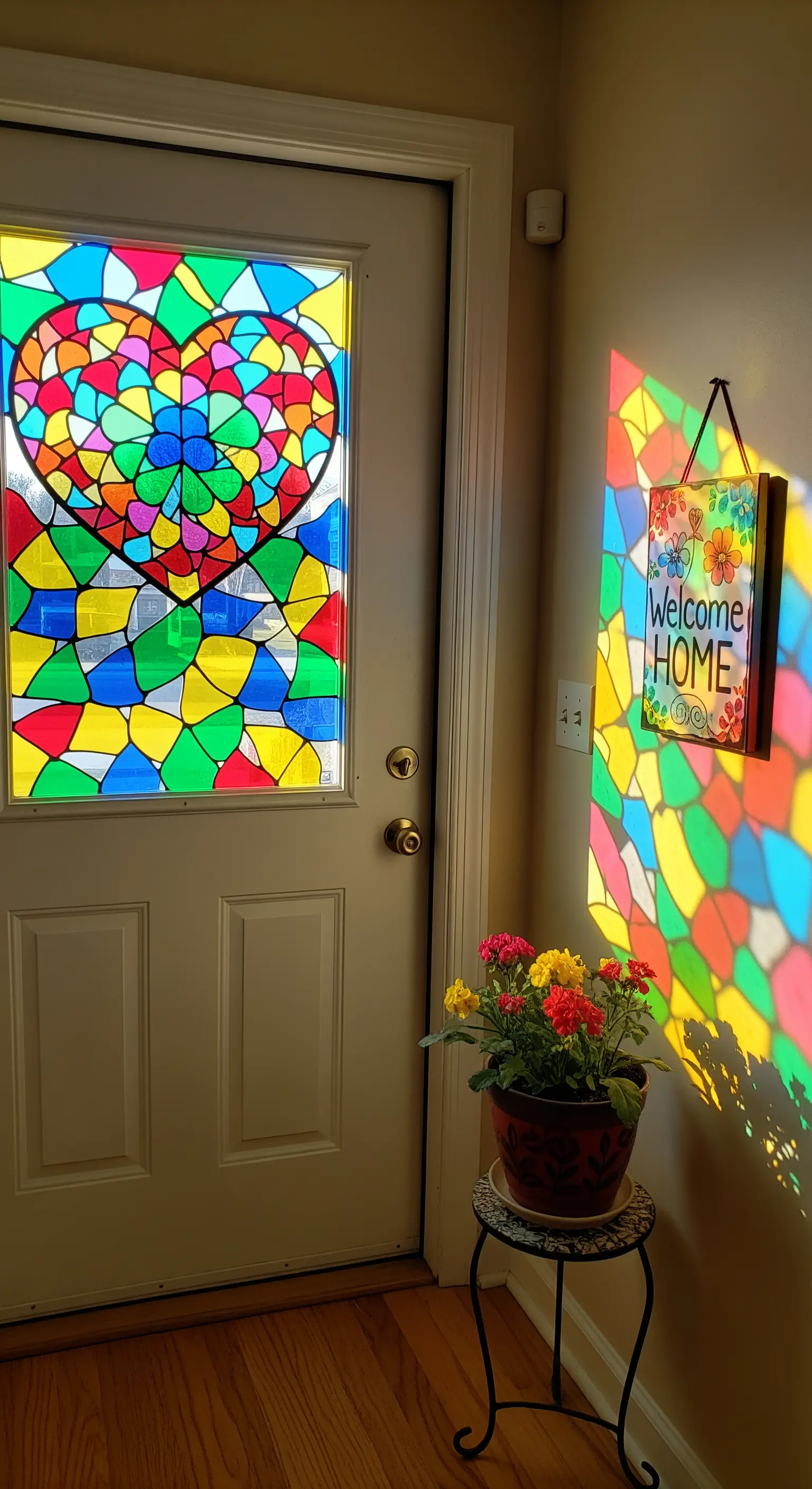 Buntes Mosaik-Herz im Buntglas-Stil auf einer Glastür, das farbige Schatten wirft.