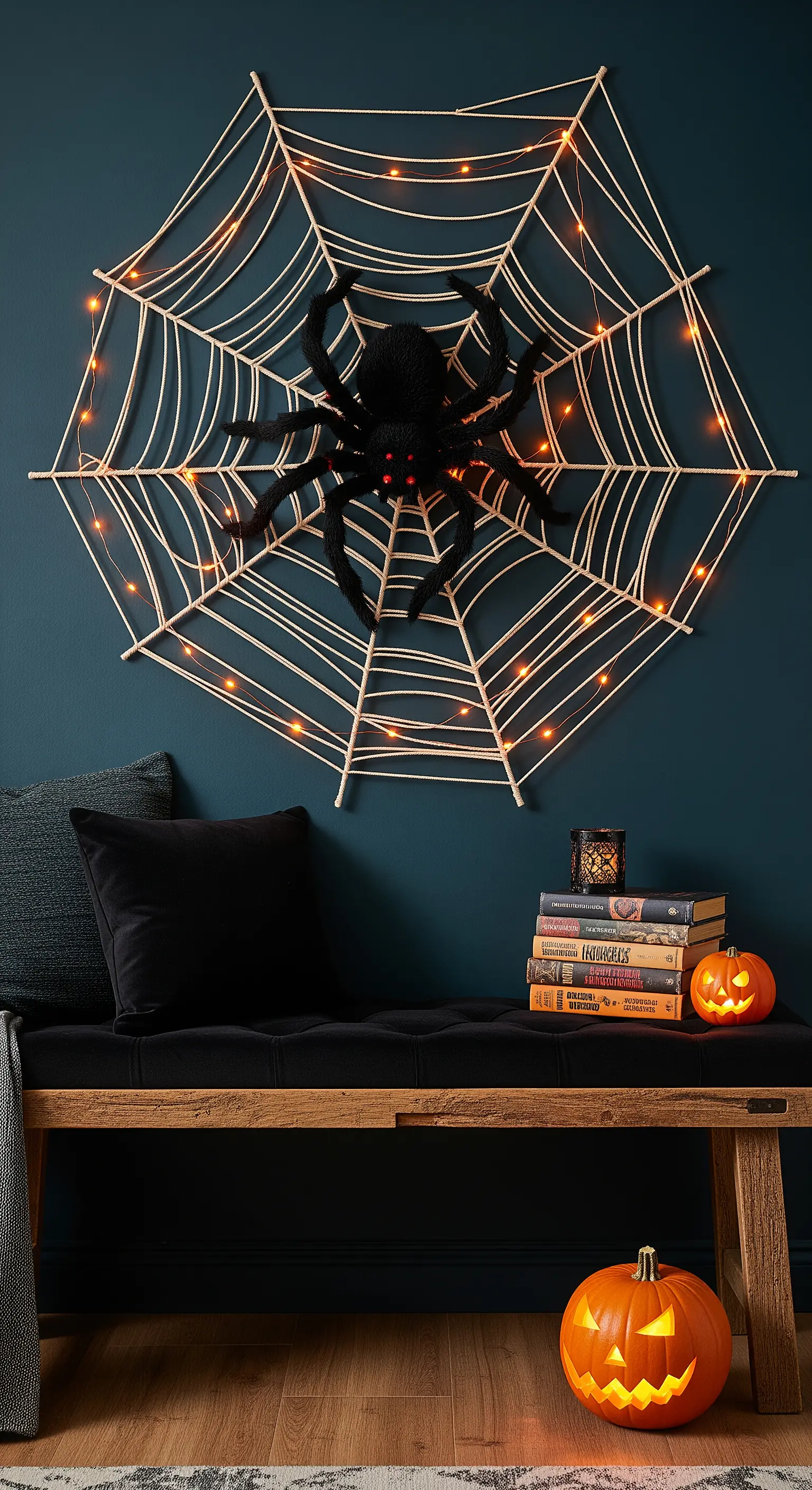 Großes, beleuchtetes DIY-Spinnennetz aus Seil mit einer schwarzen Spinne als Wanddeko.