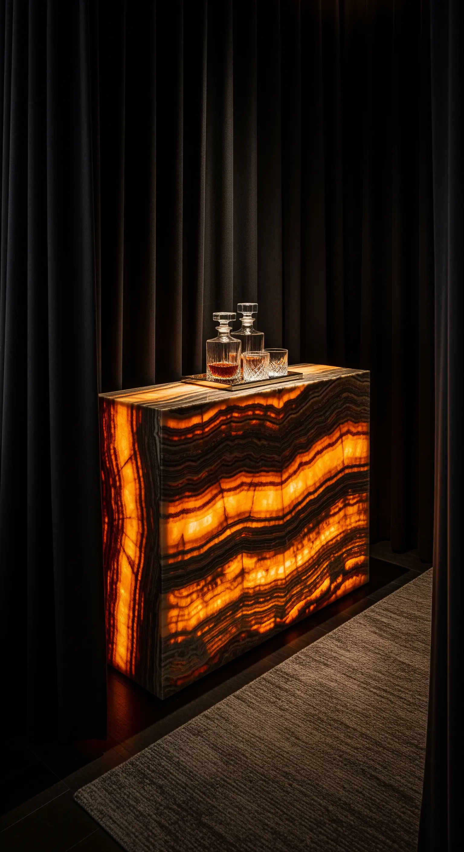 Hinterleuchtete Onyx-Konsole mit Whisky-Dekantern vor dunklen Vorhängen