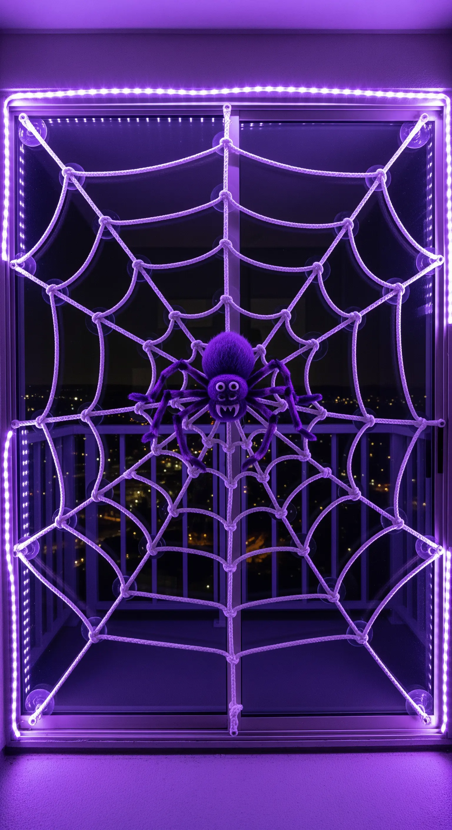 Balkonfenster mit leuchtendem, lila Spinnennetz und großer plüschiger Spinne, befestigt mit Saugnäpfen.