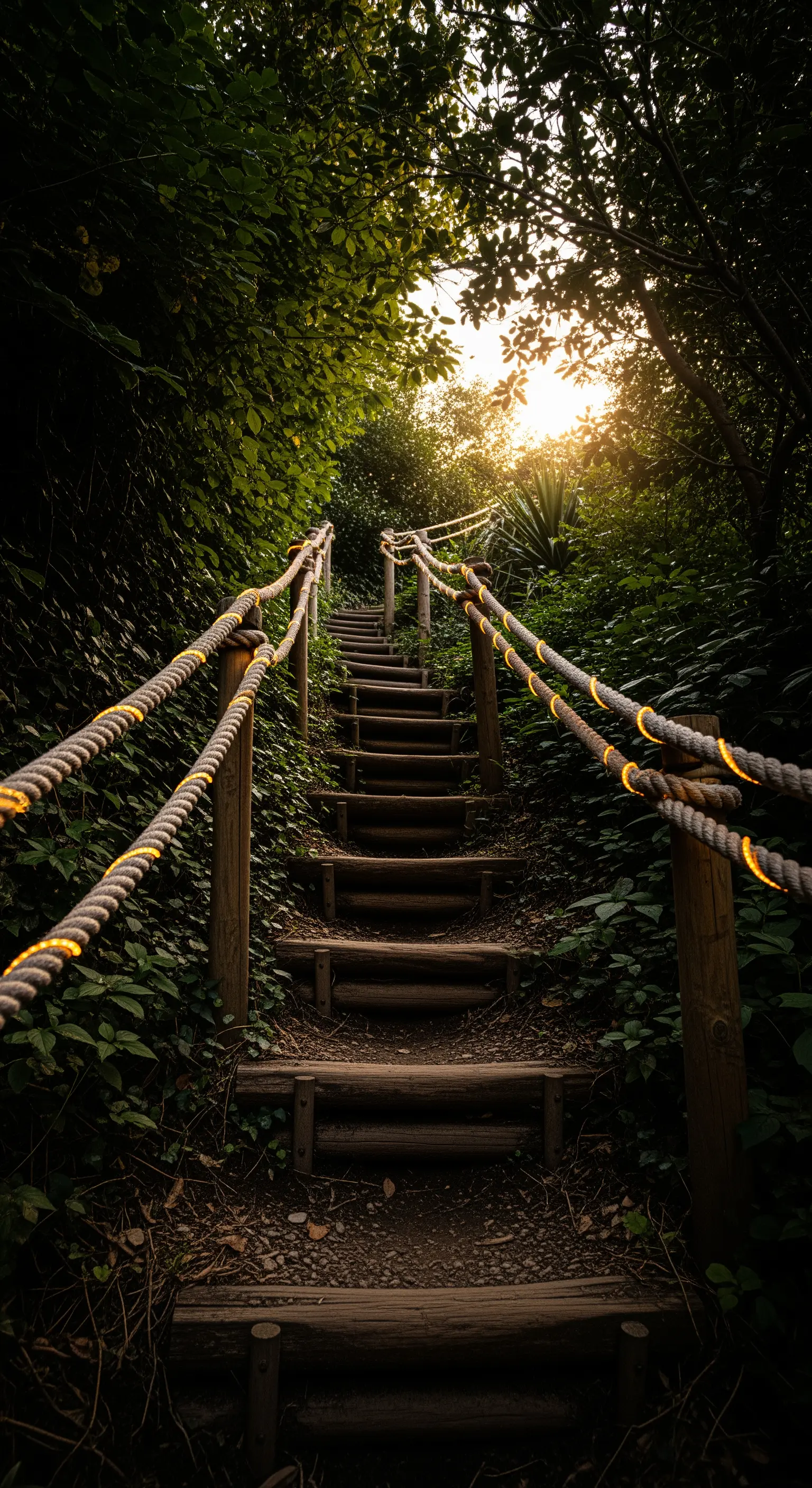 Ein dicker Seil-Handlauf an einer Holztreppe, der mit einer Lichterkette umwickelt ist.