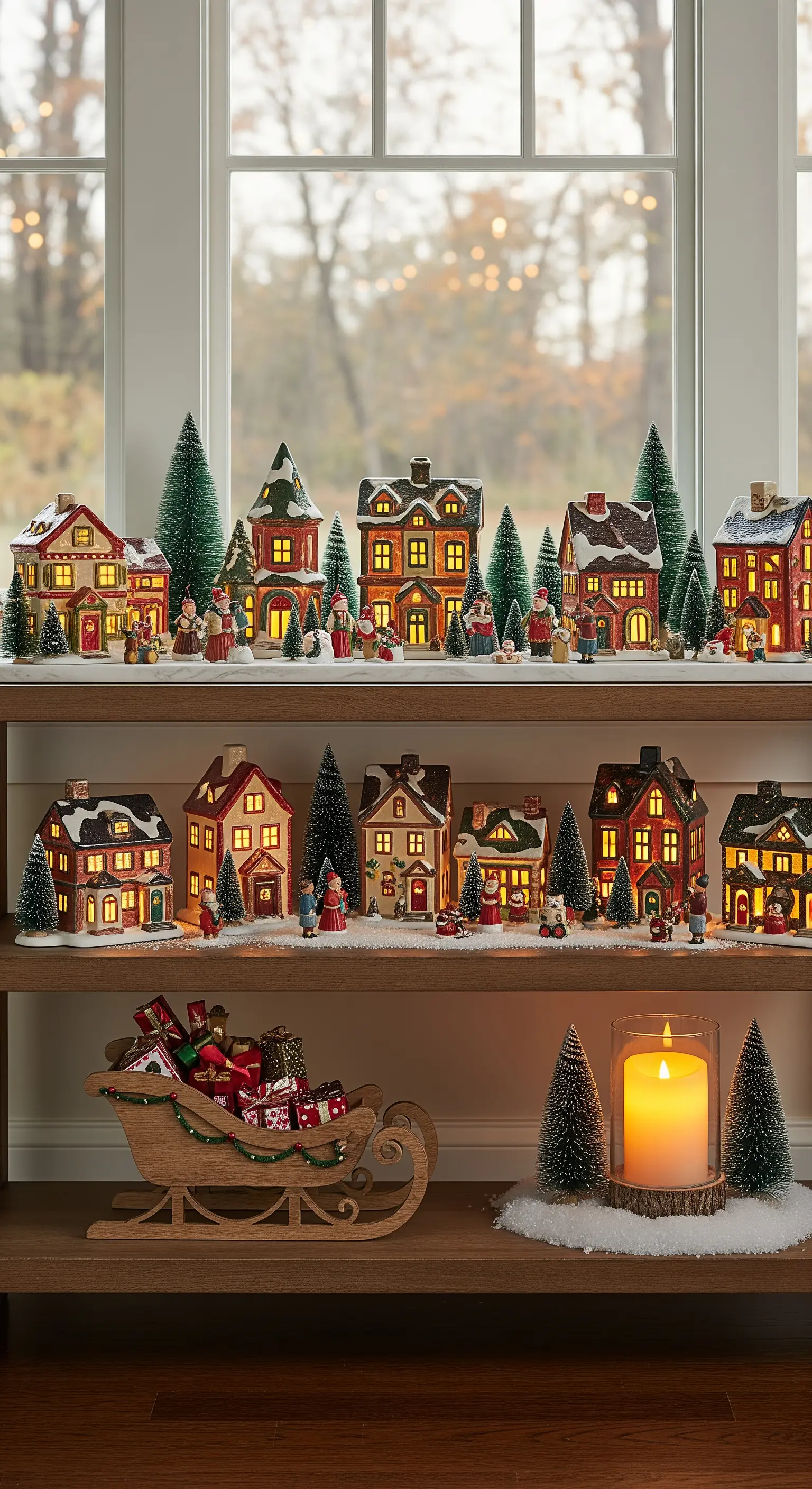 Zweistufige Etagere vor einem Fenster mit einem leuchtenden Miniatur-Weihnachtsdorf