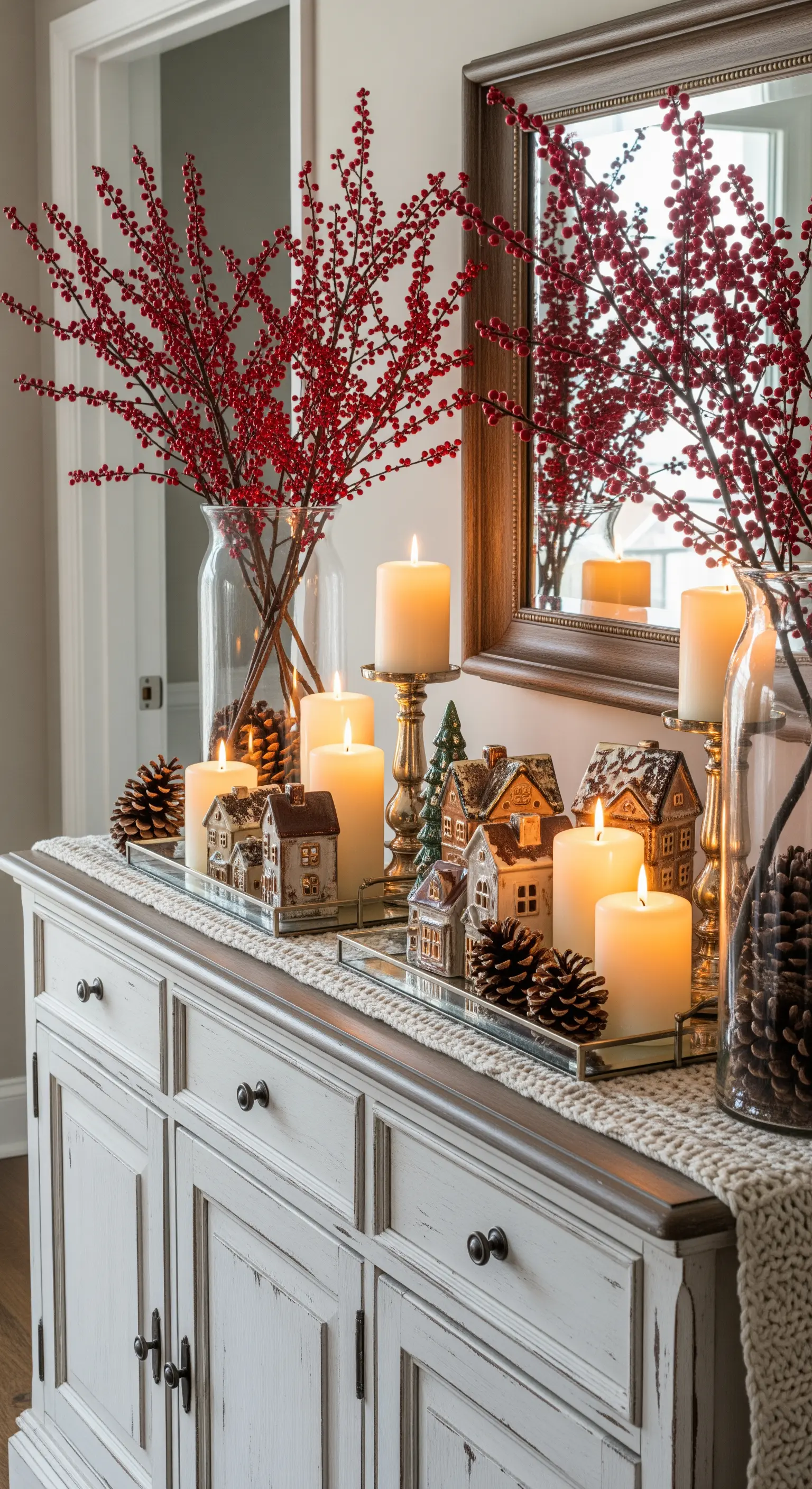 Weihnachtliches Miniatur-Dorf mit Kerzen und roten Beerenzweigen auf einem Sideboard.