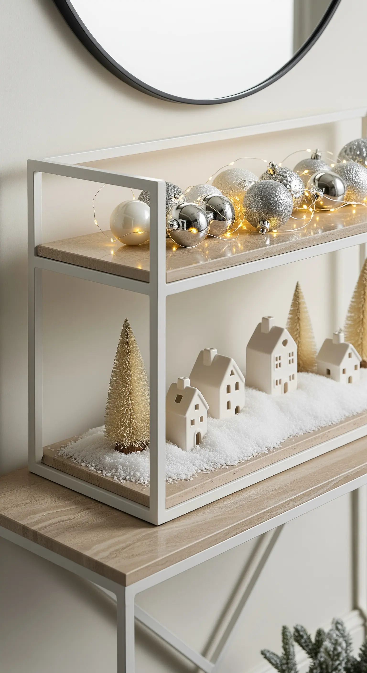 Rechteckige Etagere als Winterlandschaft mit Keramikhäusern, Kunstschnee und leuchtenden Weihnachtskugeln.