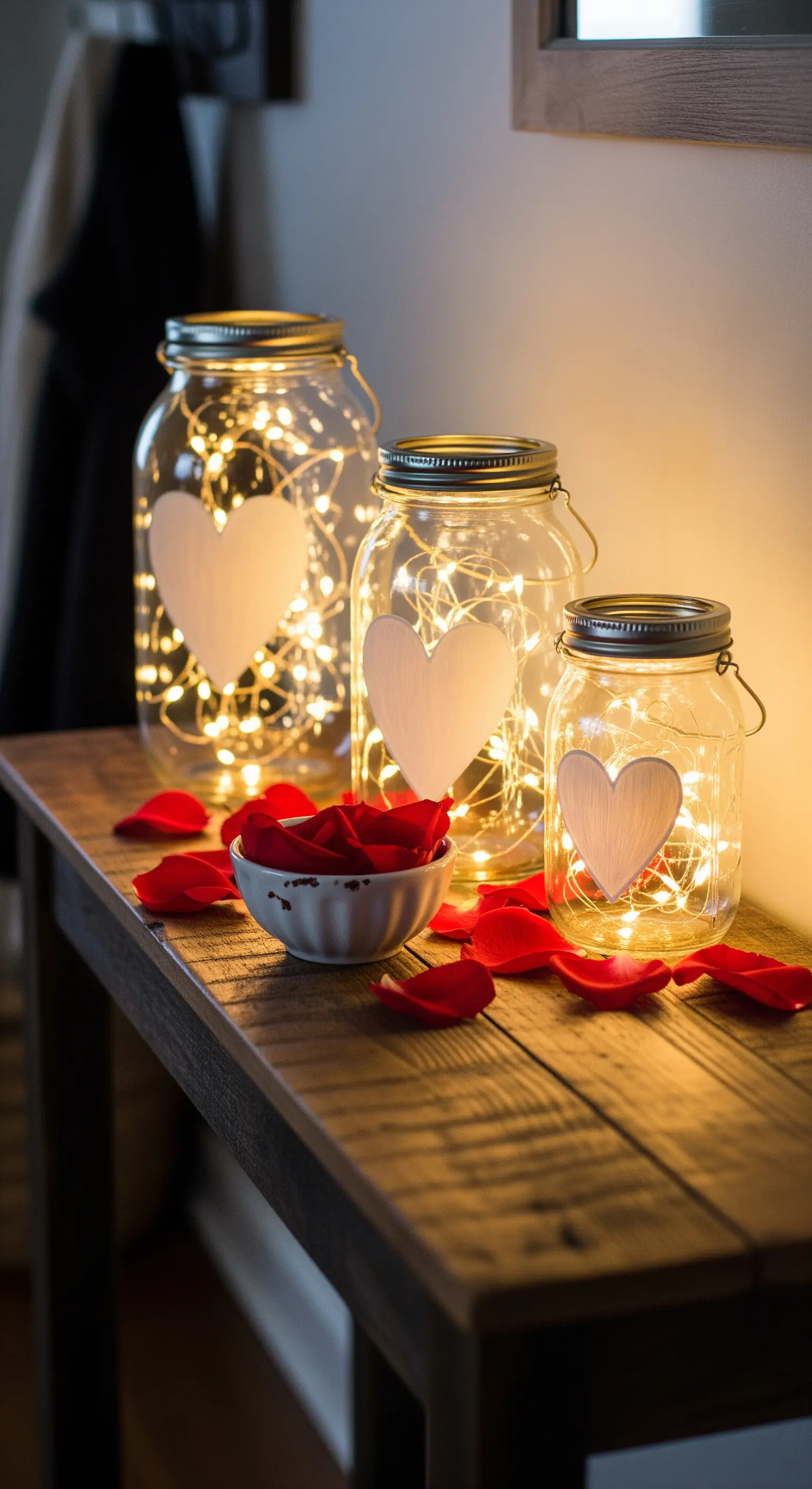 Drei Einmachgläser mit Lichterketten und Herzen gefüllt auf einer Holzkonsole.