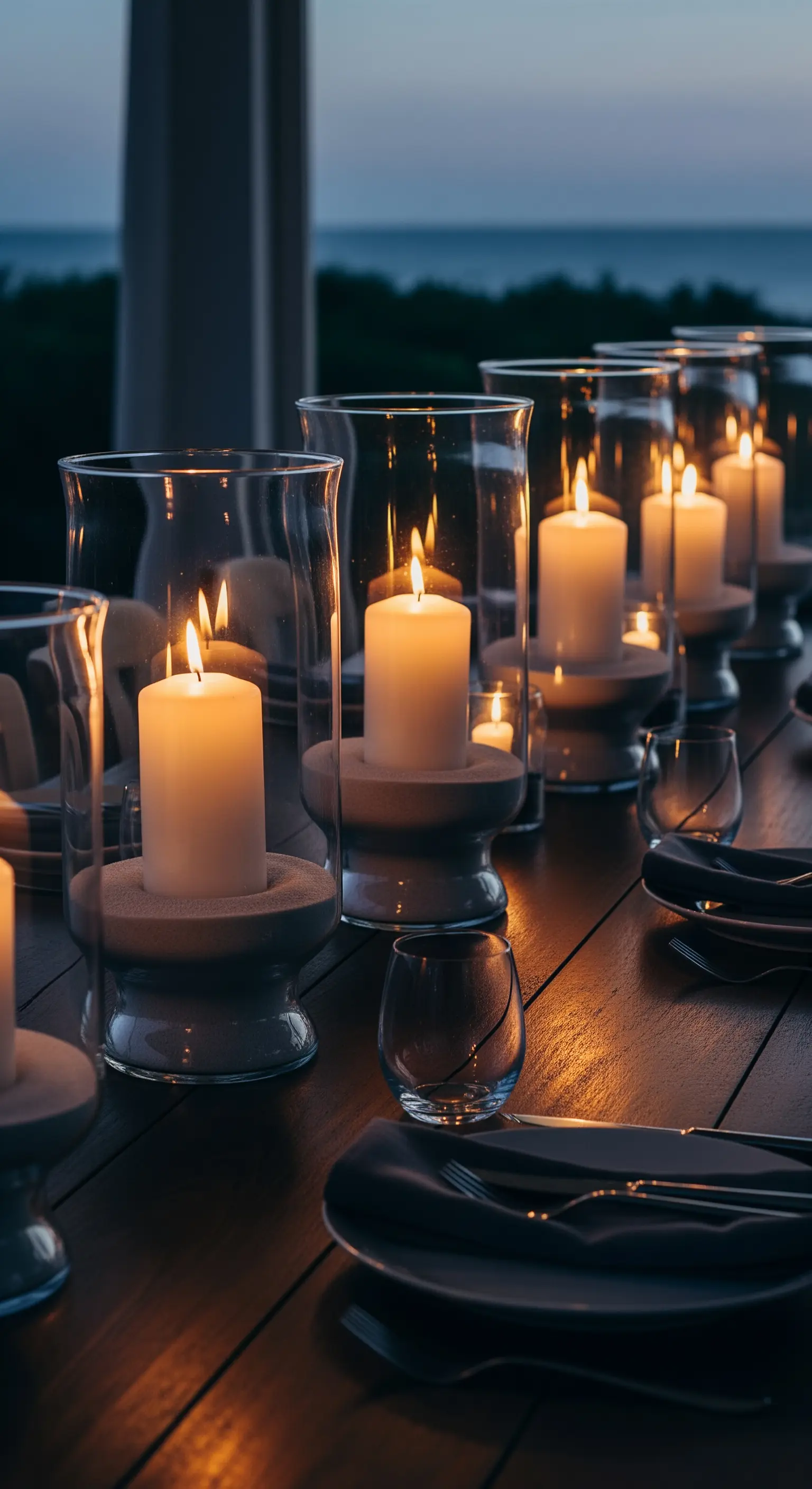 Lange Tafel bei Nacht, beleuchtet von einer Reihe hoher Windlichter mit dicken Kerzen.