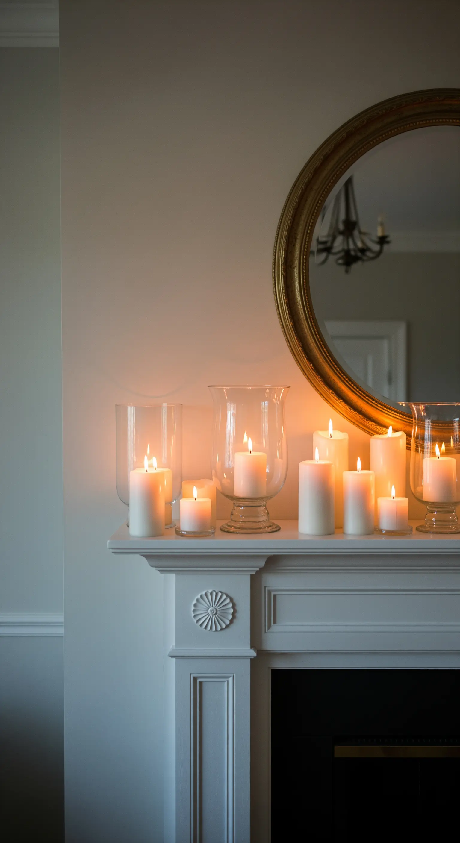 Gruppe von brennenden weißen Kerzen in Glasvasen auf einer Kaminumrandung.