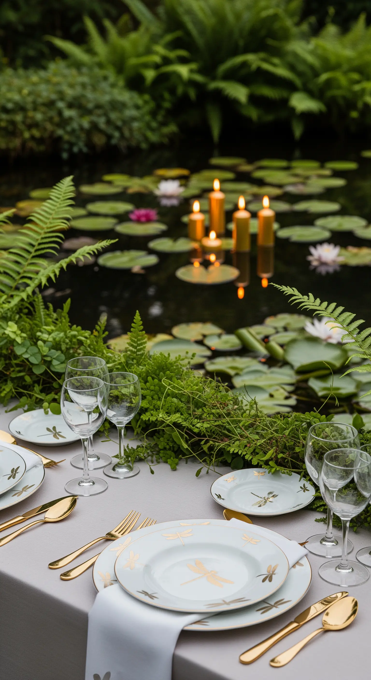 Tafel am Seerosenteich mit gold-libellen Porzellan, Farn-Girlande, schwimmenden Kerzen