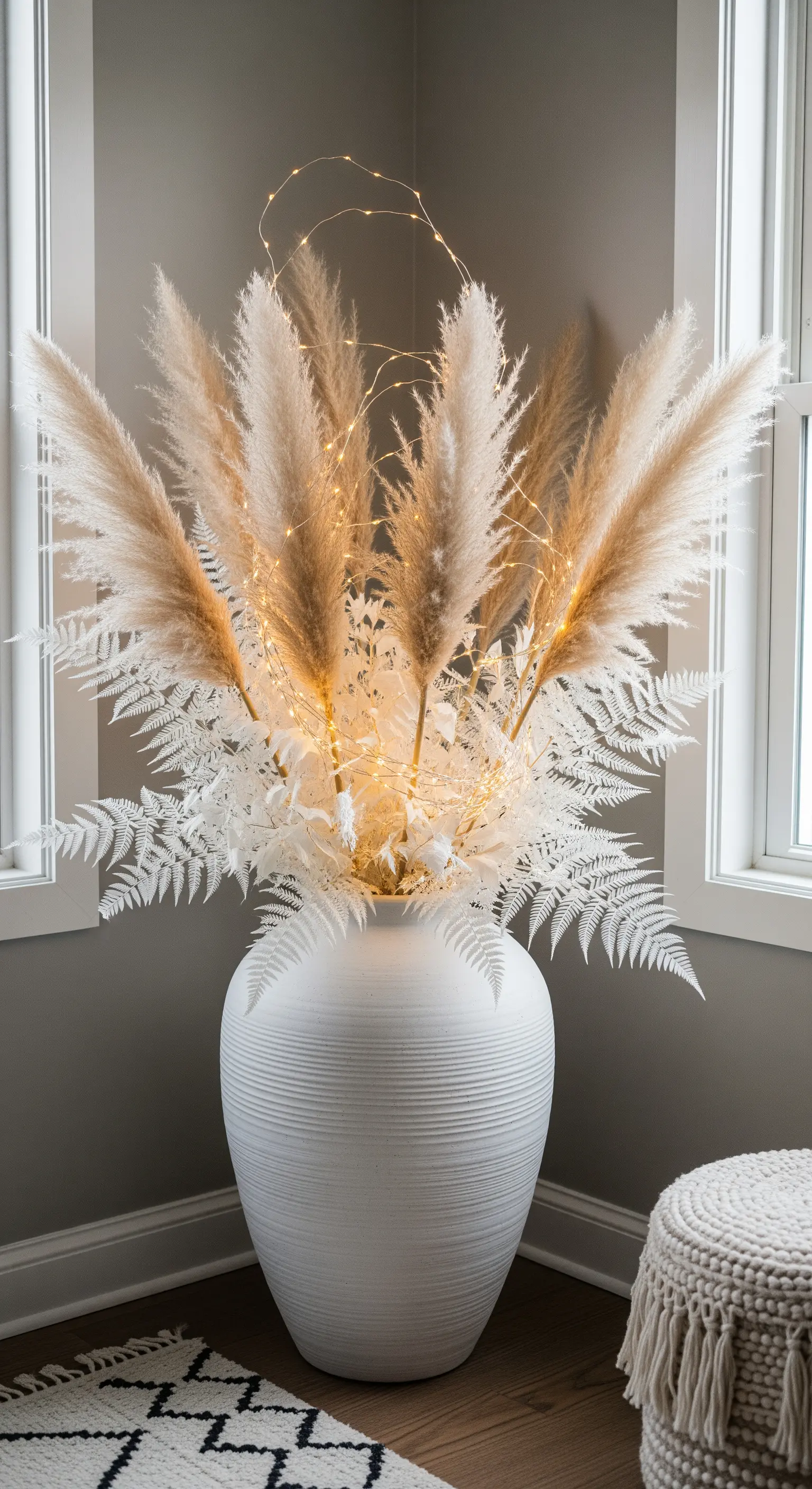 Große weiße Bodenvase mit Pampasgras, Farnen und Lichterkette