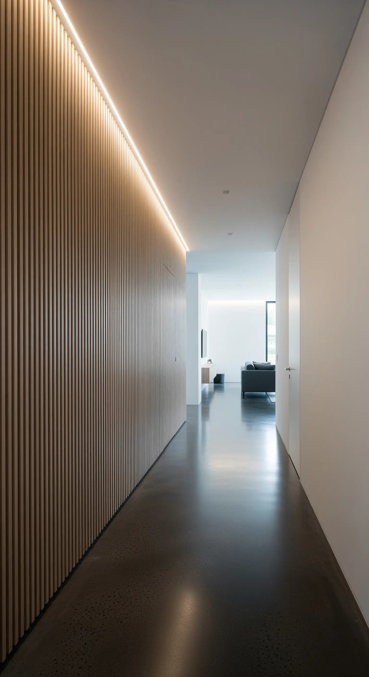 Langer Flur mit Holzlamellenwand, Betonboden und einer LED-Lichtleiste an der Decke.