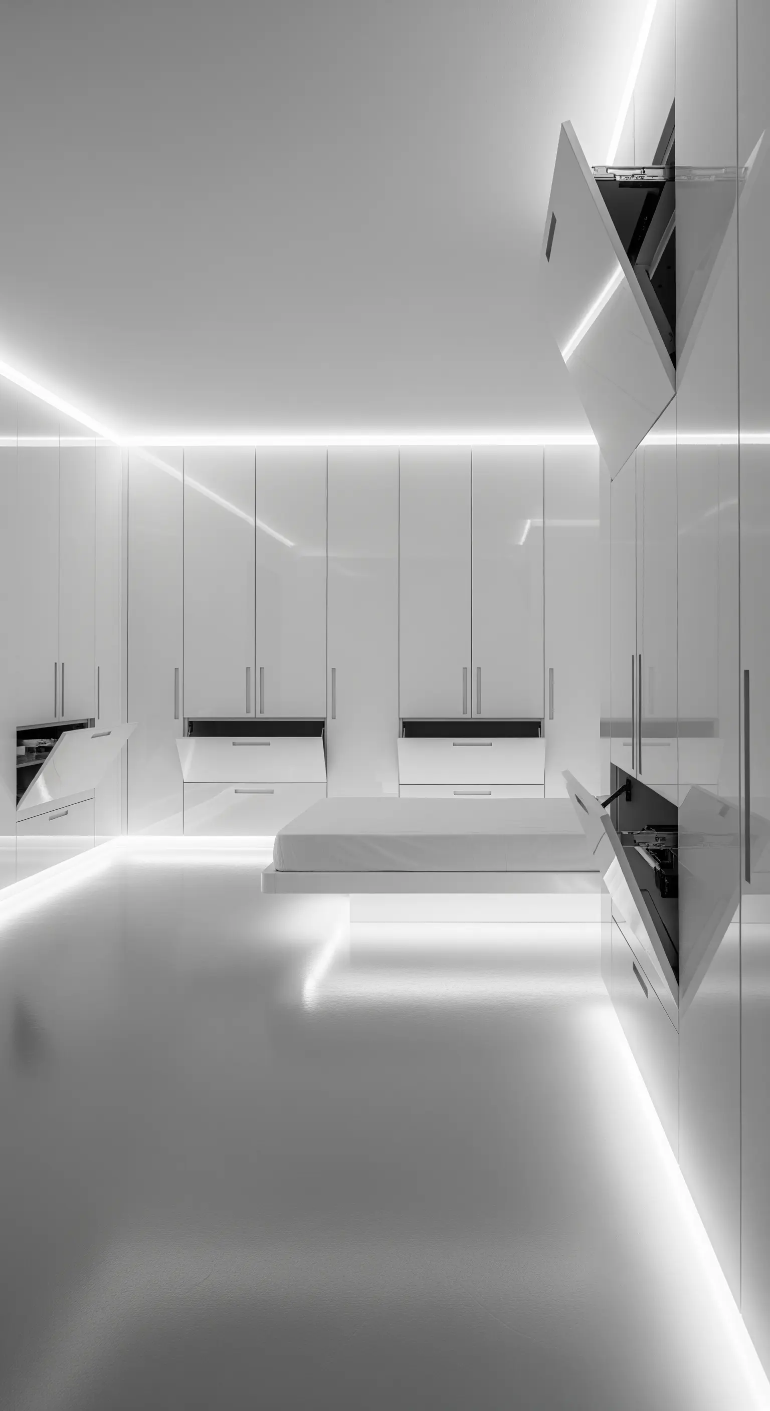 Futuristisches weißes Zimmer, das ausschließlich durch indirekte LED-Lichtleisten beleuchtet wird.