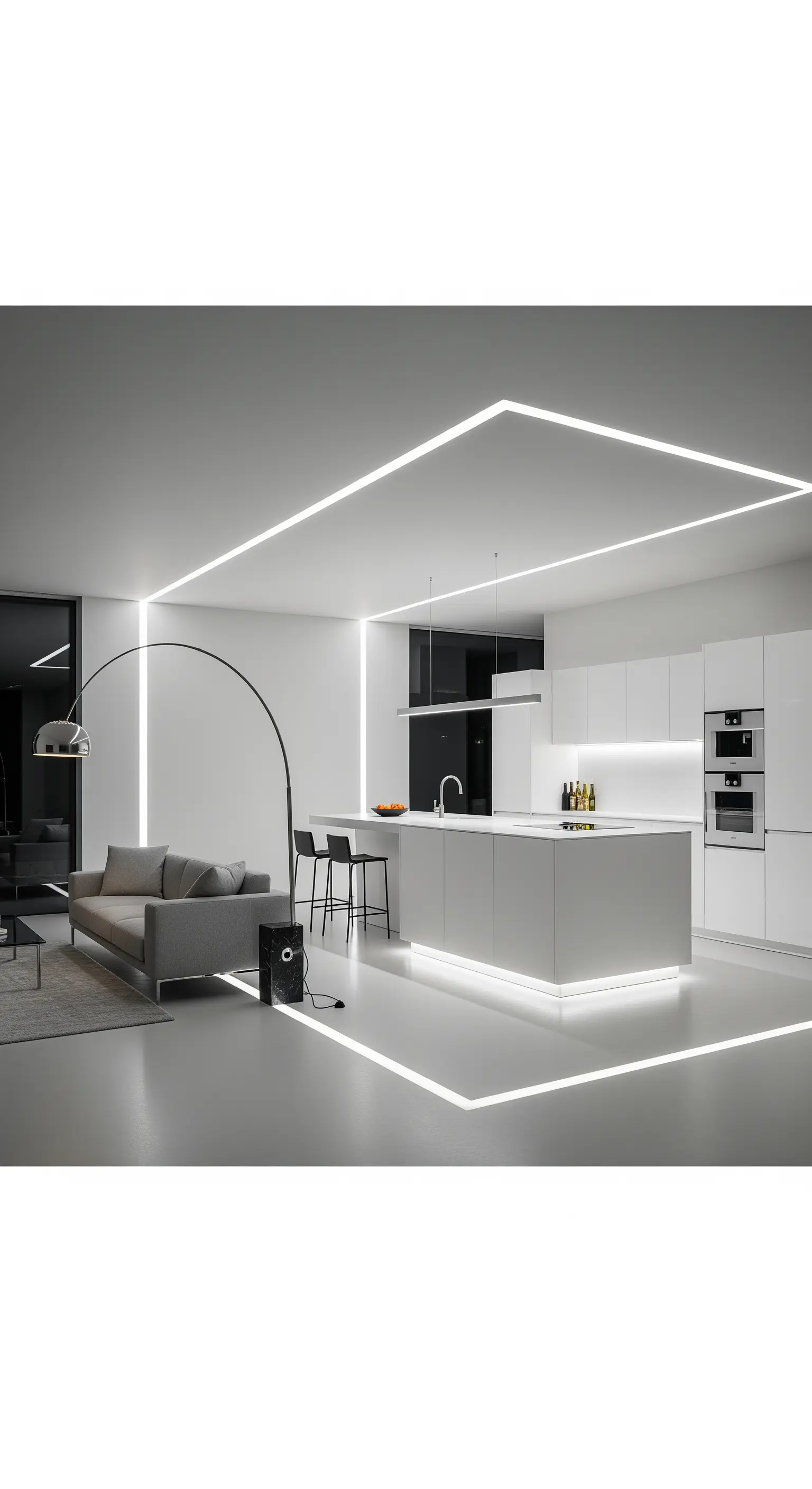 Futuristische weiße Wohnküche, die durch geometrische LED-Lichtbänder definiert wird.