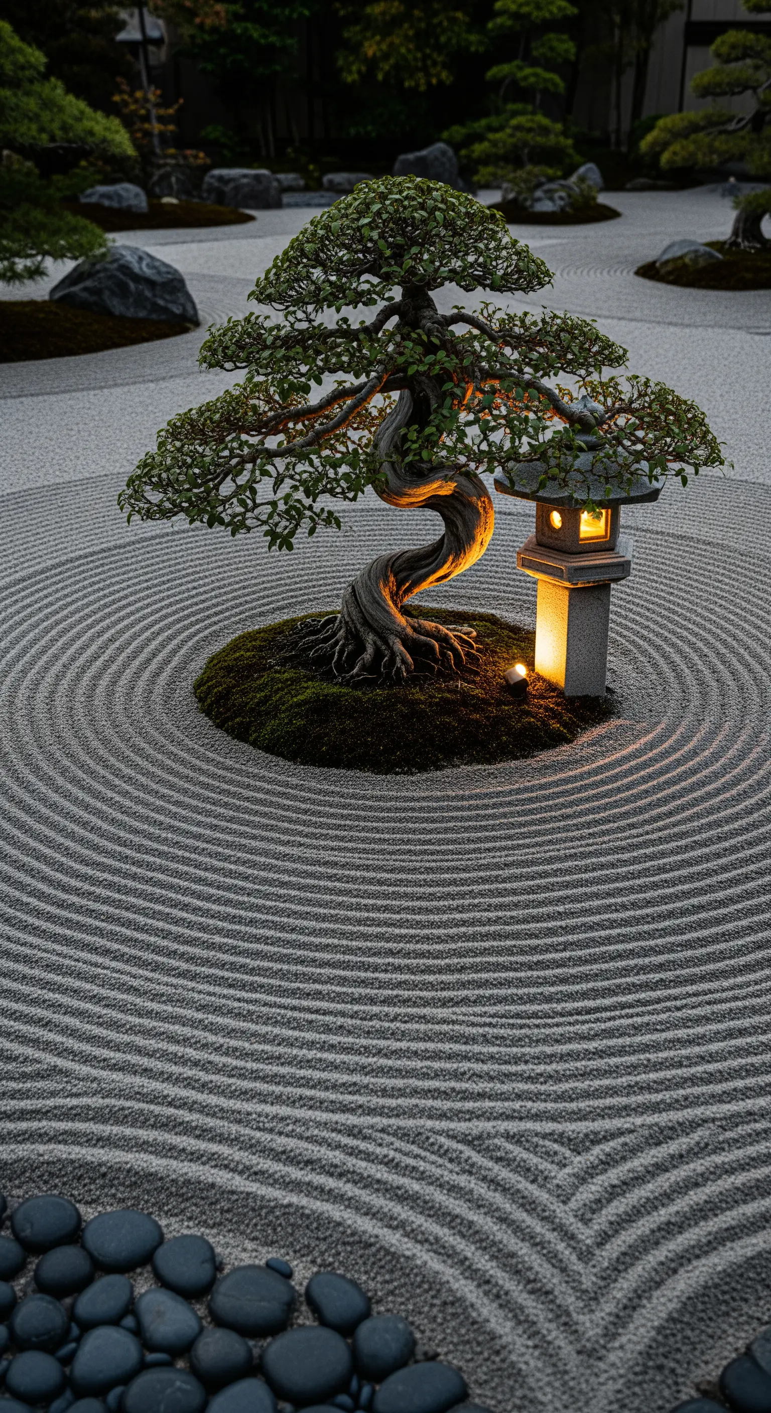 Ein kunstvoll geformter Bonsai-Baum in einem Zen-Garten, der von einer Steinlaterne angestrahlt wird.