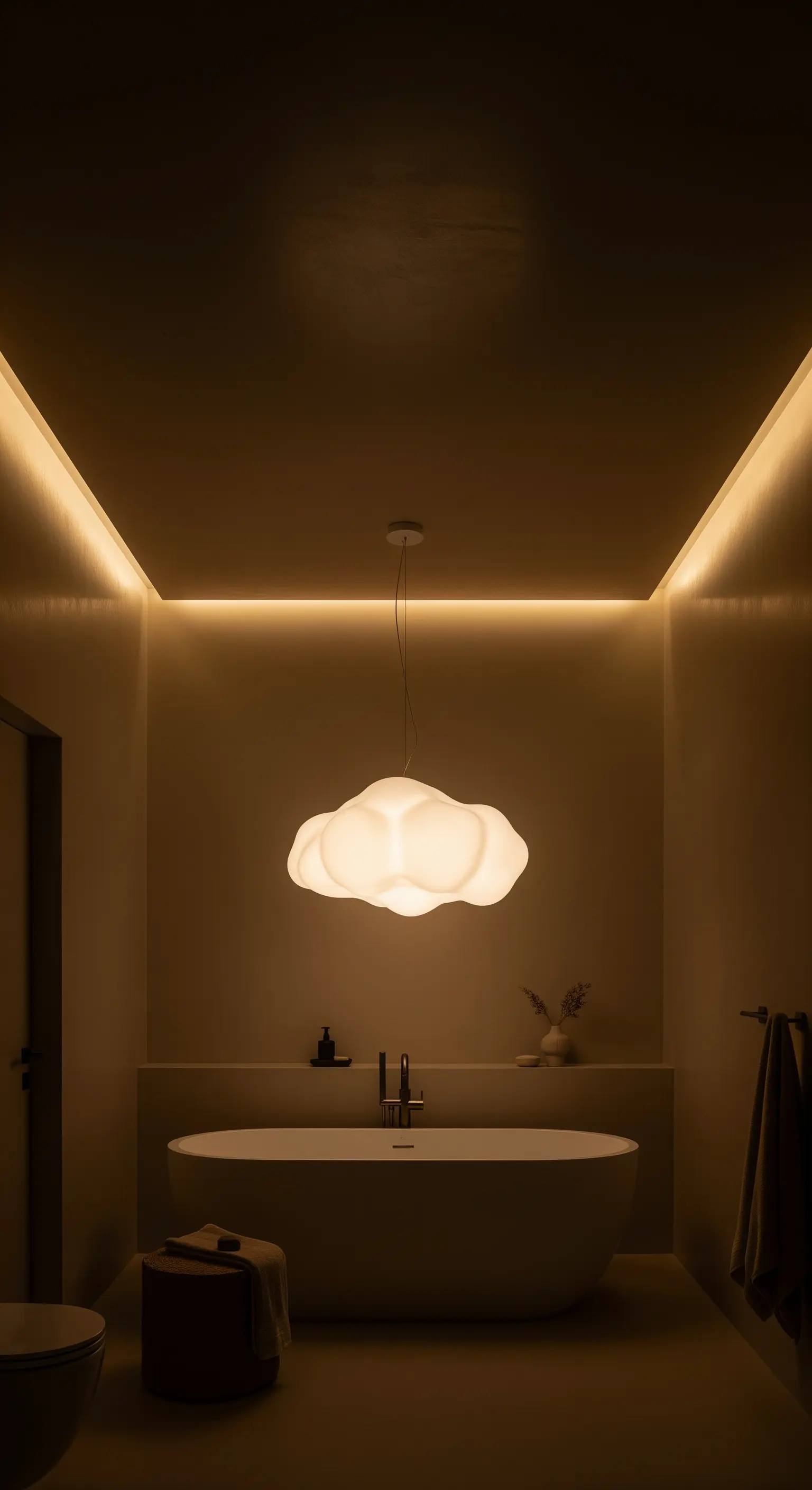 Minimalistisches Badezimmer mit indirekter Deckenbeleuchtung und einer wolkenförmigen Hängelampe über der Wanne.