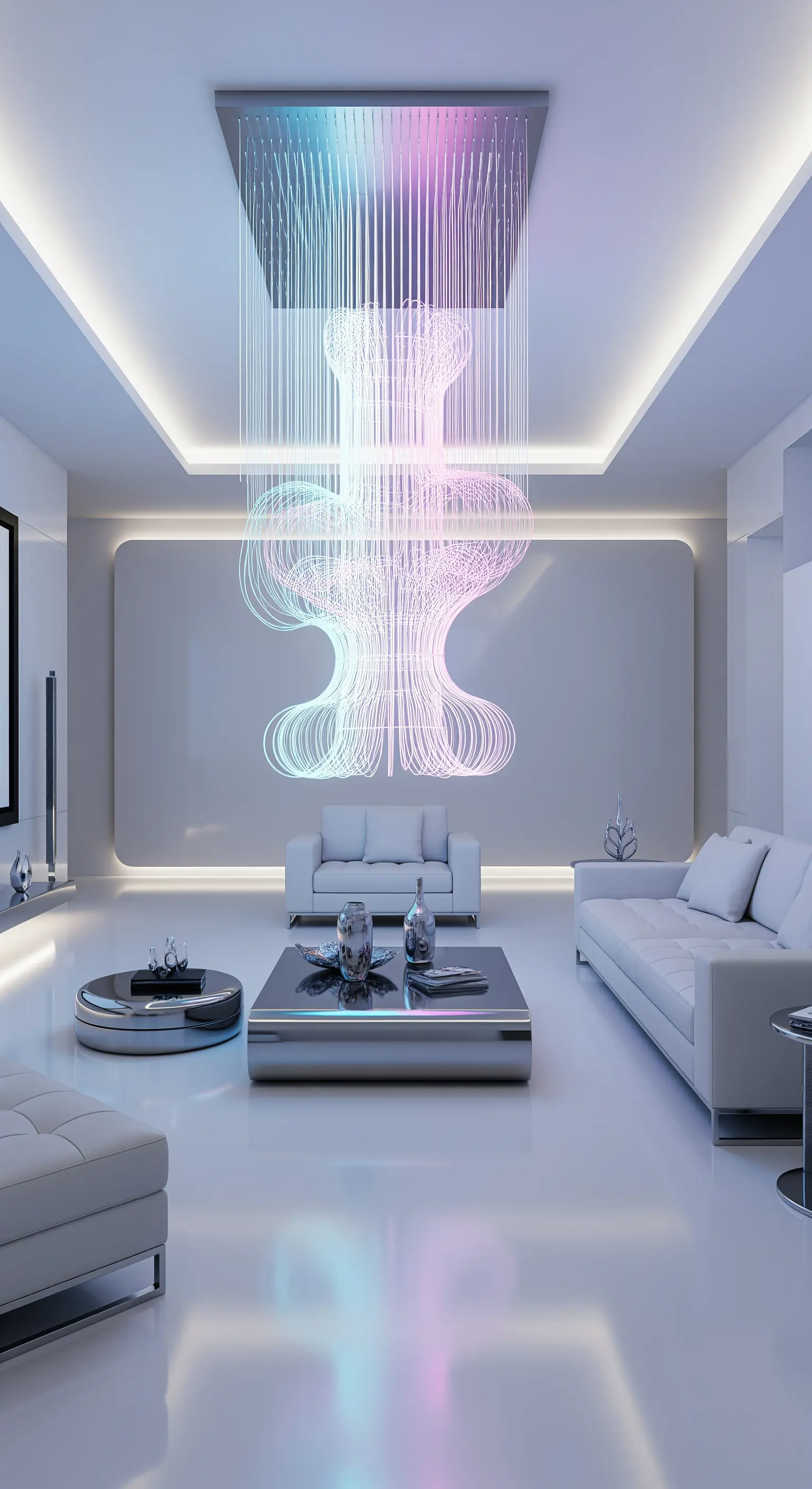 Futuristische Lichtinstallation aus Glasfasern in einem minimalistischen, weißen Wohnzimmer.